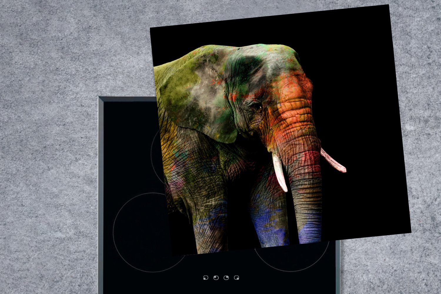 tlg), für Elefant küche Tier, Farben 78x78 Vinyl, (1 - Herdblende-/Abdeckplatte MuchoWow Arbeitsplatte - Ceranfeldabdeckung, cm,