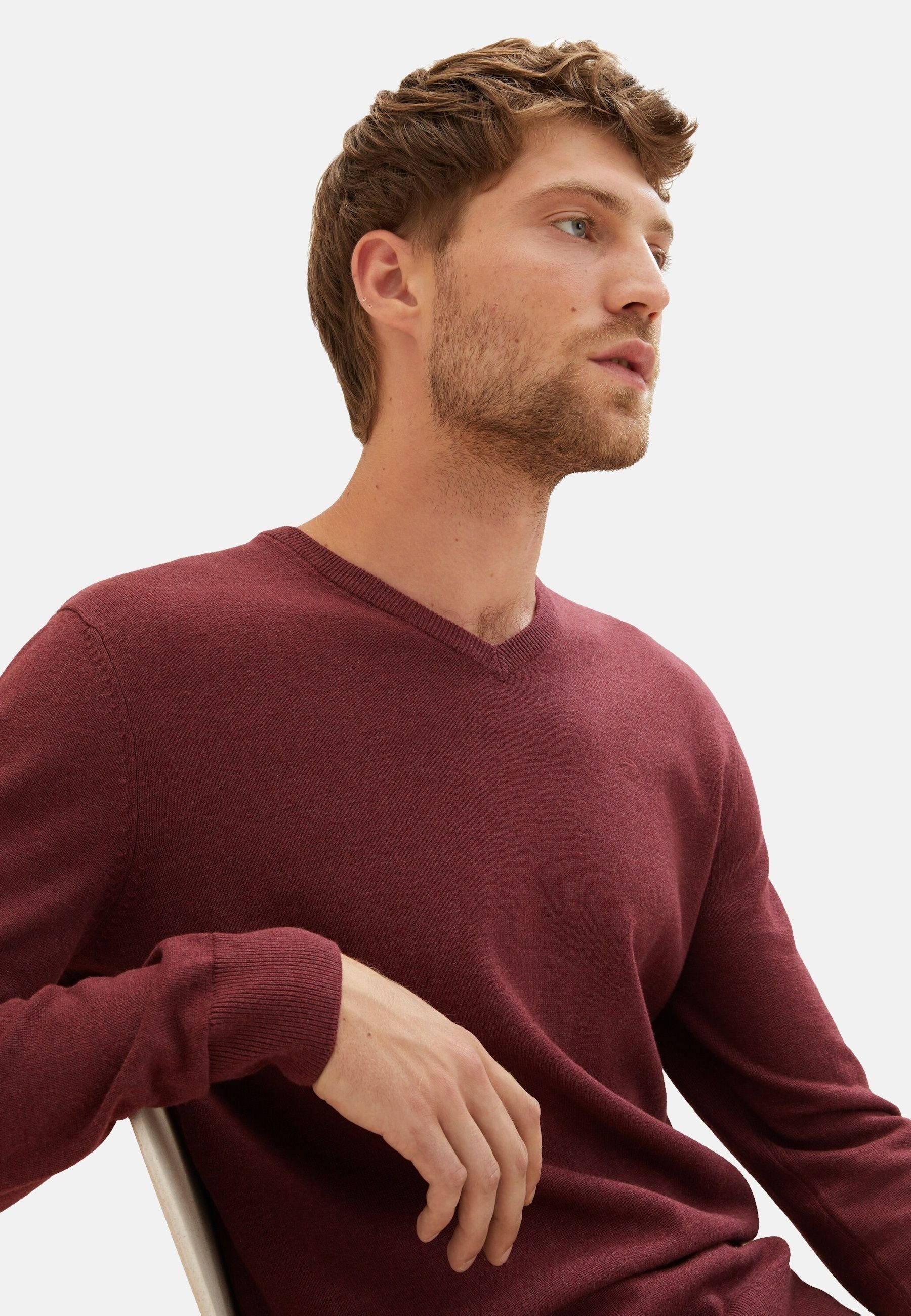 TOM TAILOR Sweatshirt meliert dunkelrot Rippbündchen Sweatshirt Pullover (1-tlg) mit