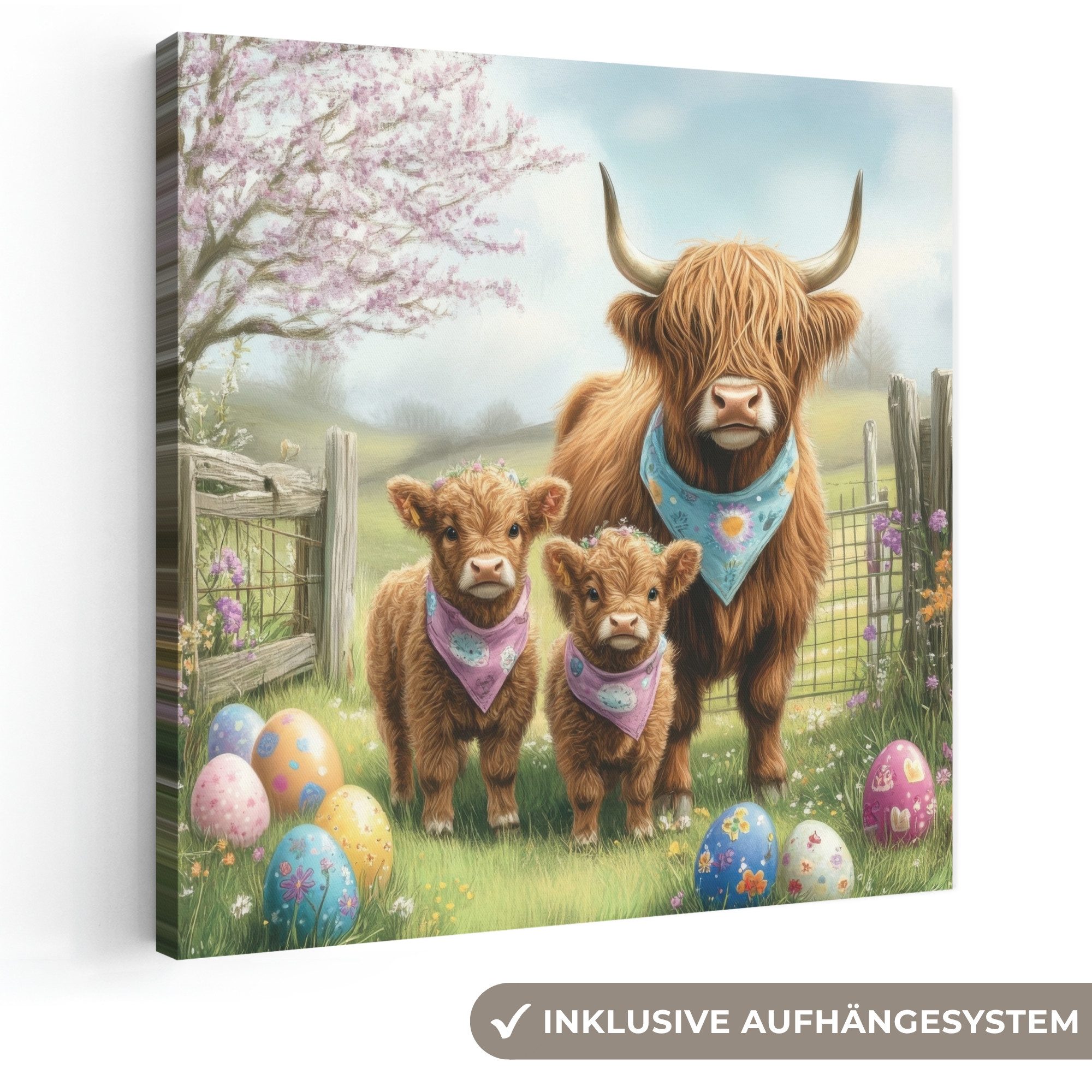OneMillionCanvasses® Leinwandbild Schottische Highlander - Ostereier - Frühling - Ostern Deko, Fotodruck (1 St), Wandbild, Deko Schlafzimmer Wohnzimmer Flur 20x20 cm