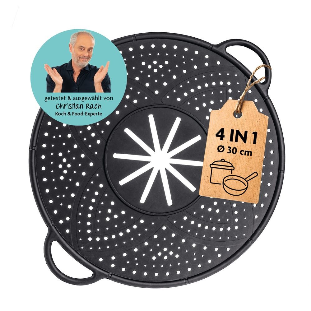 Rachs KOCHWERK Spritzschutzdeckel Silikon Überkoch- und Spritzschutz 31cm schwarz, für Pfannen und Töpfe Abgießhilfe Spritzschutz Dampfgarer Untersetzer