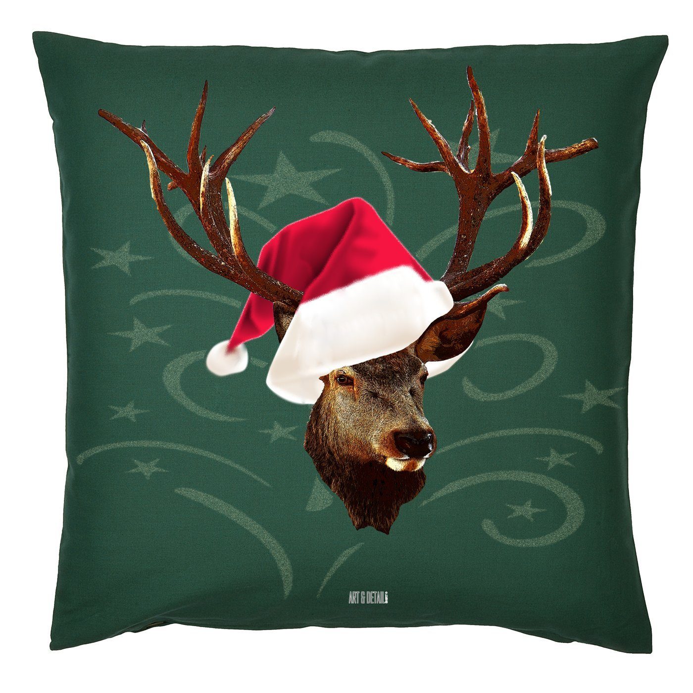 Dekokissen Weihnachten Design Hirsch mit Weihnachtsmütze