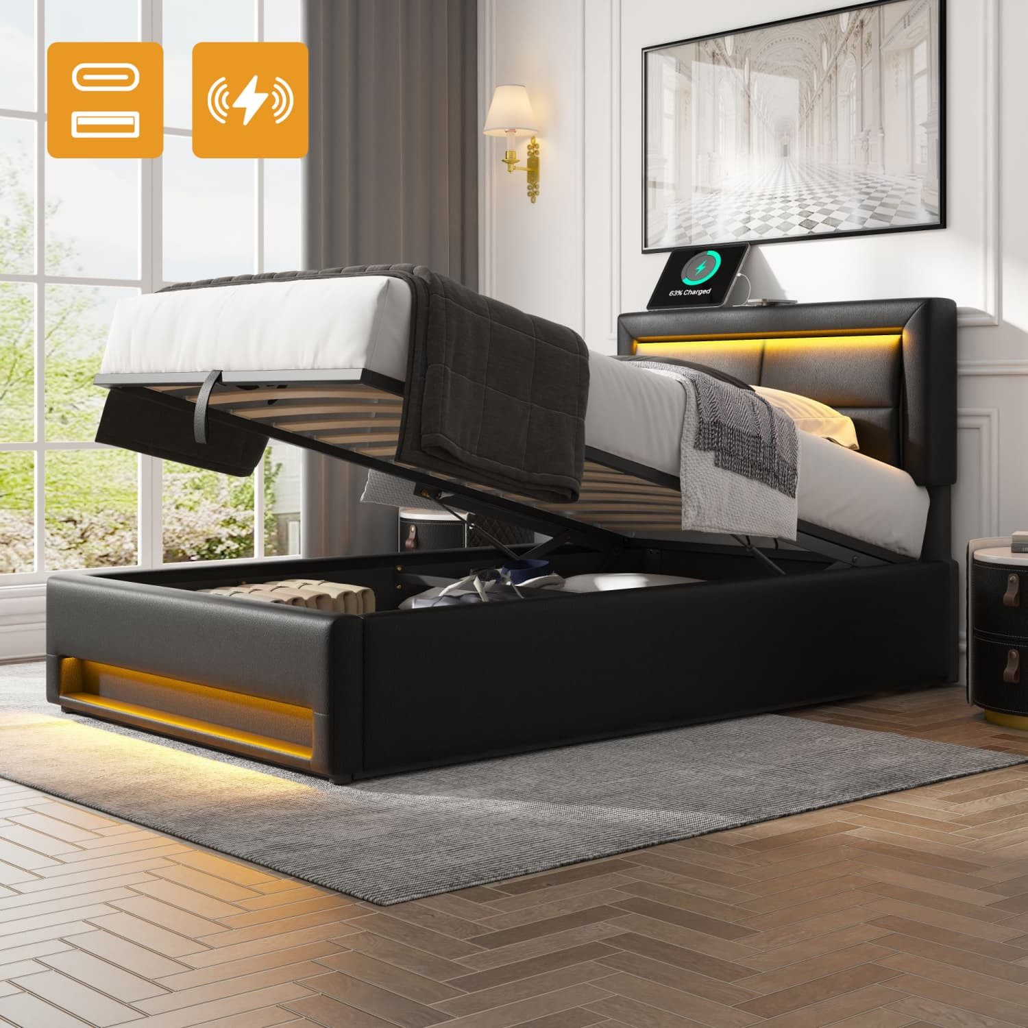 ANYSUN Polsterbett Doppelbett mit LED-Beleuchtung,USB-Anschluss,ohne Matratze,Lattenrost (Bett), Hydraulisch anhebbarer Stauraumbett,90cm×200cm,150kg Tragfähigkeit
