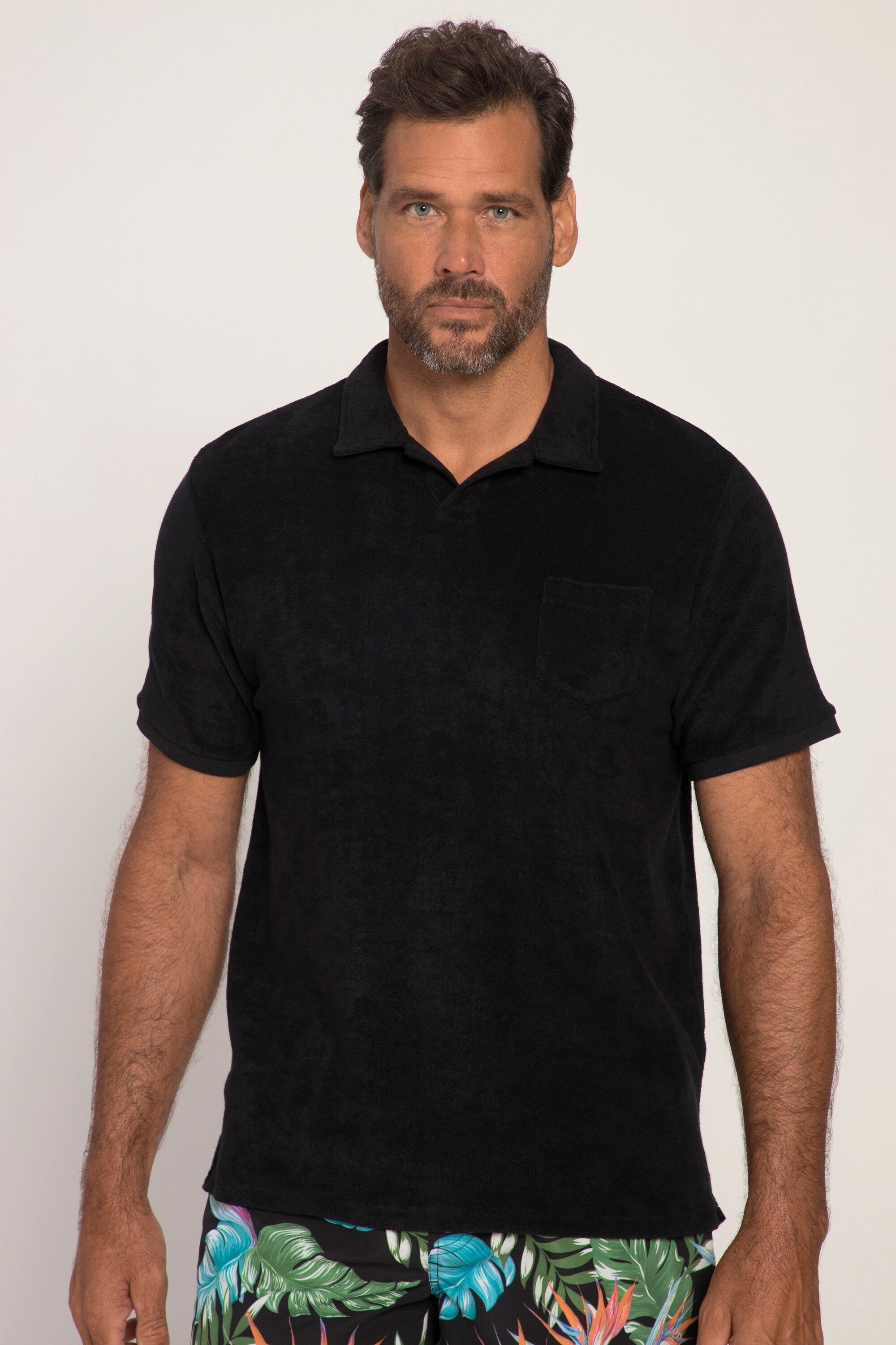 JP1880 Cuba-Kragen Frottee Halbarm schwarz Poloshirt Poloshirt