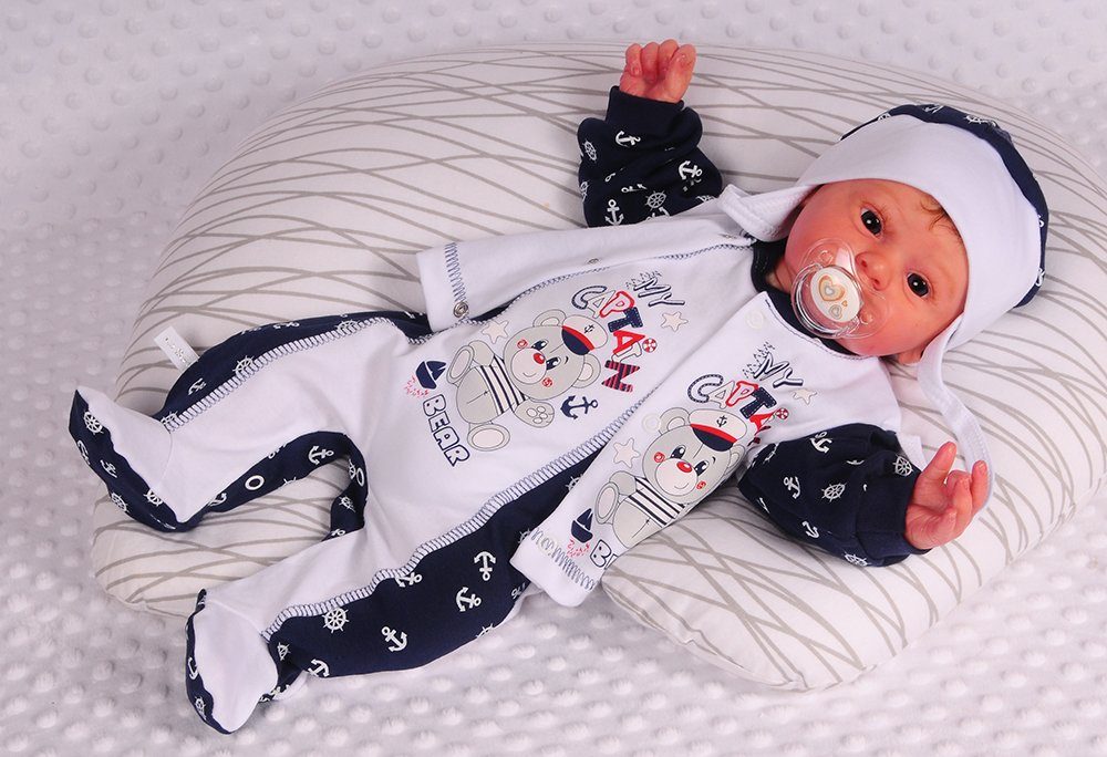 La Bortini Strampler Baby Anzug 3Tlg Strampler Hemdchen Mütze mit Anker und Bär aus reiner Baumwolle, 44-50 56 62 68 74 80 in weiß blau