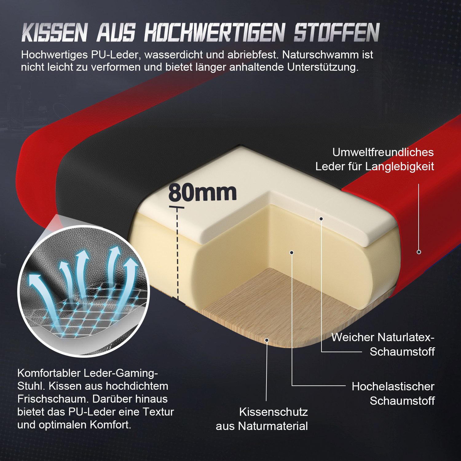 Adormii Gaming-Stuhl Gaming stuhl mit verstellbaren Armlehnen, ergonomisch gaming chair (90°–170° neigbar und arretierbar, gamingstuhl mit gepolsterter Kopfstüt – Bild 4 von 5