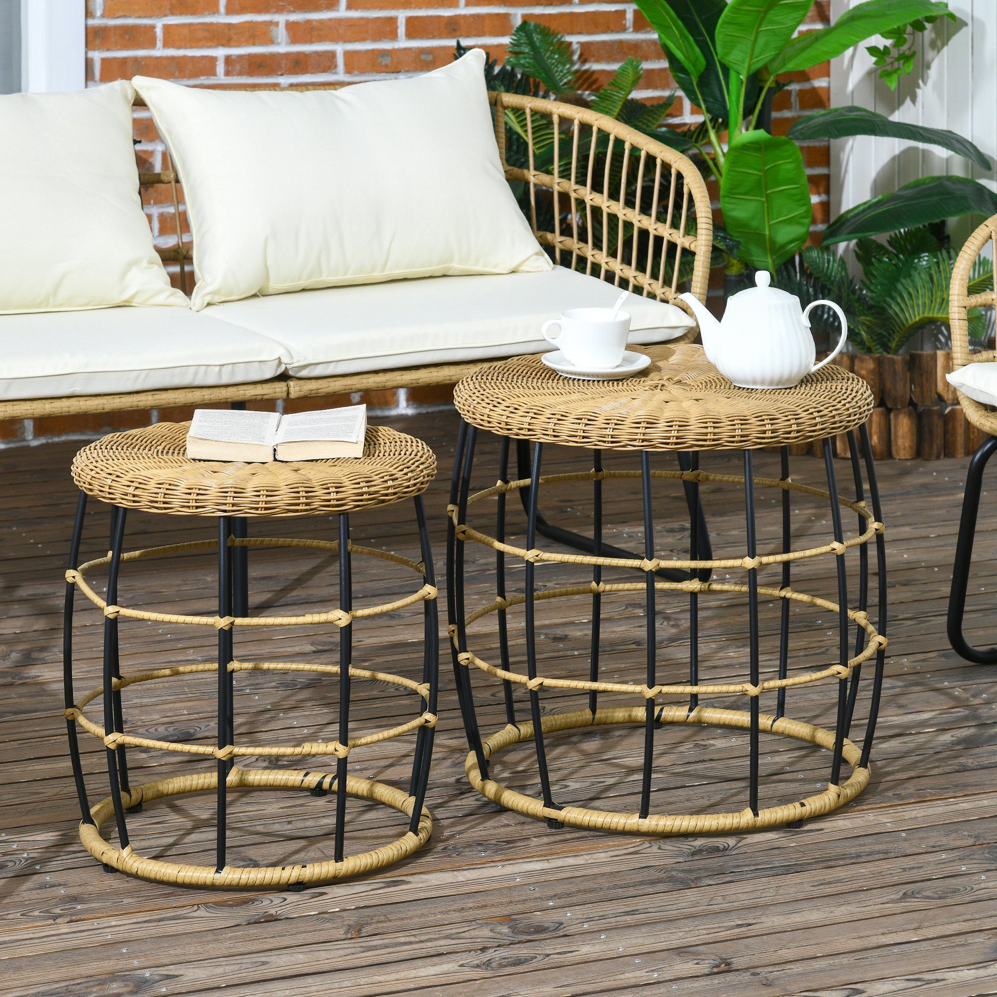 Outsunny Beistelltisch 2er-Set Rattan Couchtisch (Sofatisch, 2-St., Kaffeet günstig online kaufen