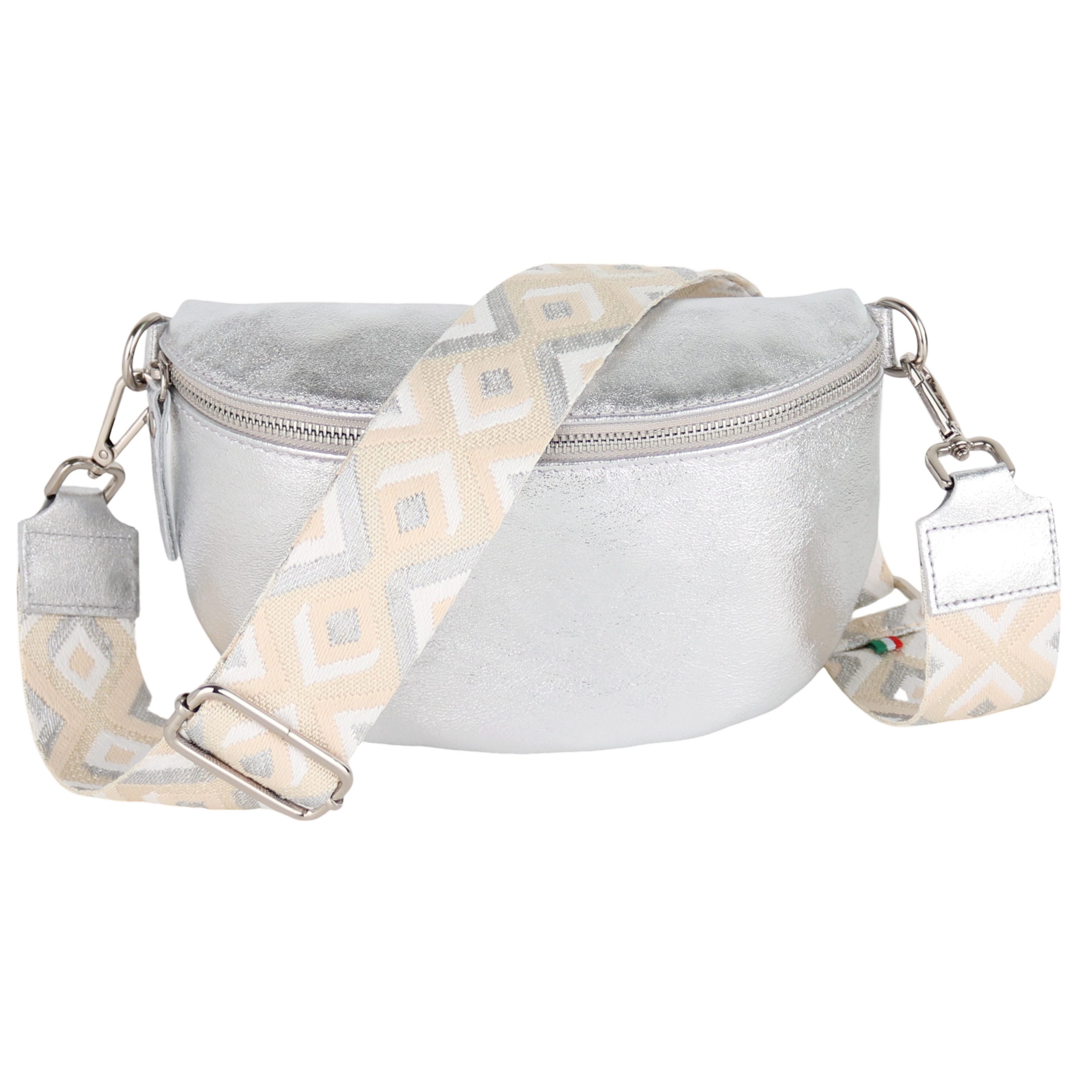 MIRROSI Bauchtasche Damen, Echtleder, Leder, Made in Italy, Umhängetasche, Brusttasche, (Schultertasche für jeden Anlass (1 Tasche & 1 / 2 Gurte), METALIC Gold Silber Crossbody Bag, verstellbare Schulterriemen