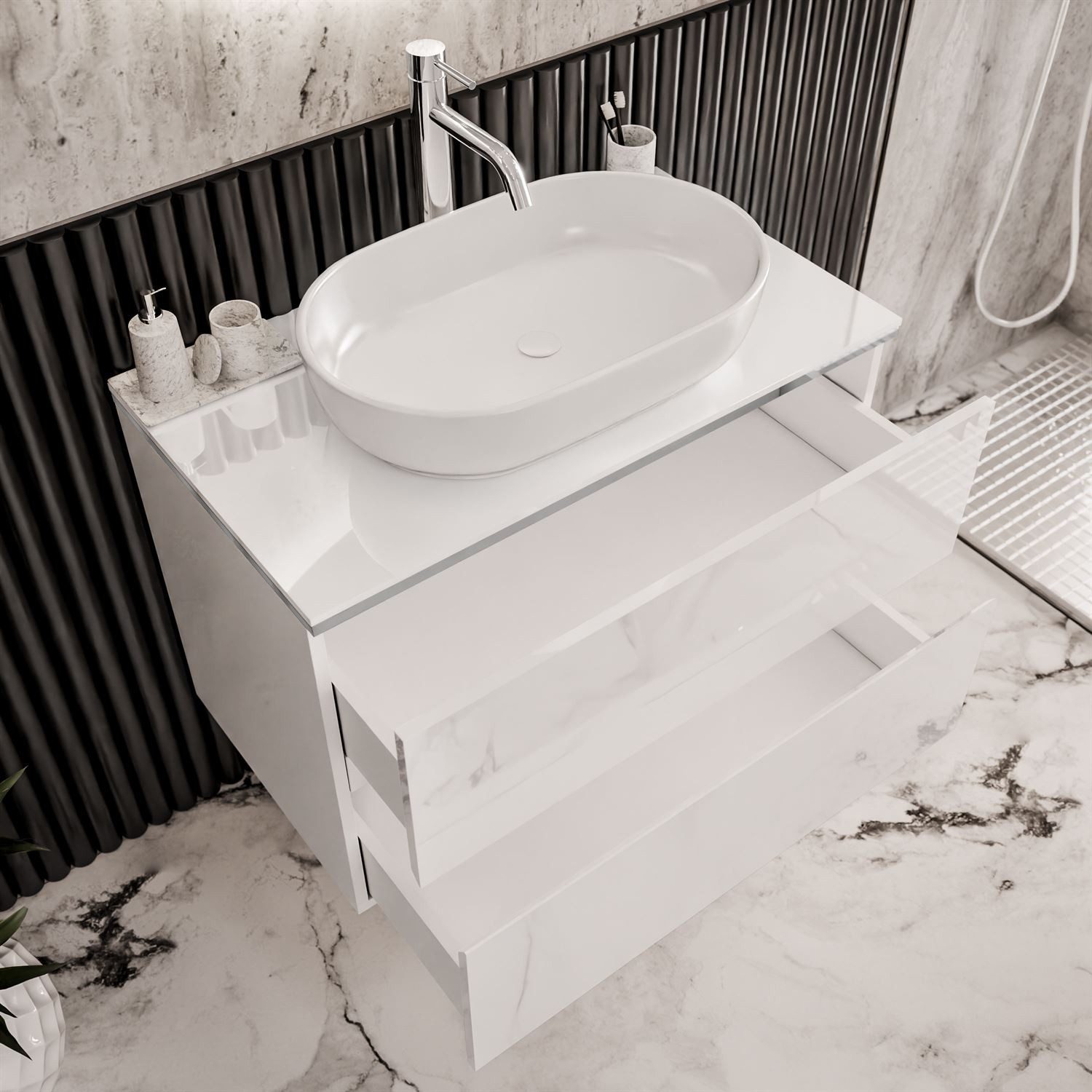 Lookway Badmöbel-Set AURORA SILVER Badezimmerschrank mit praktische Schubladen, 80x55x45 cm – Bild 5 von 5