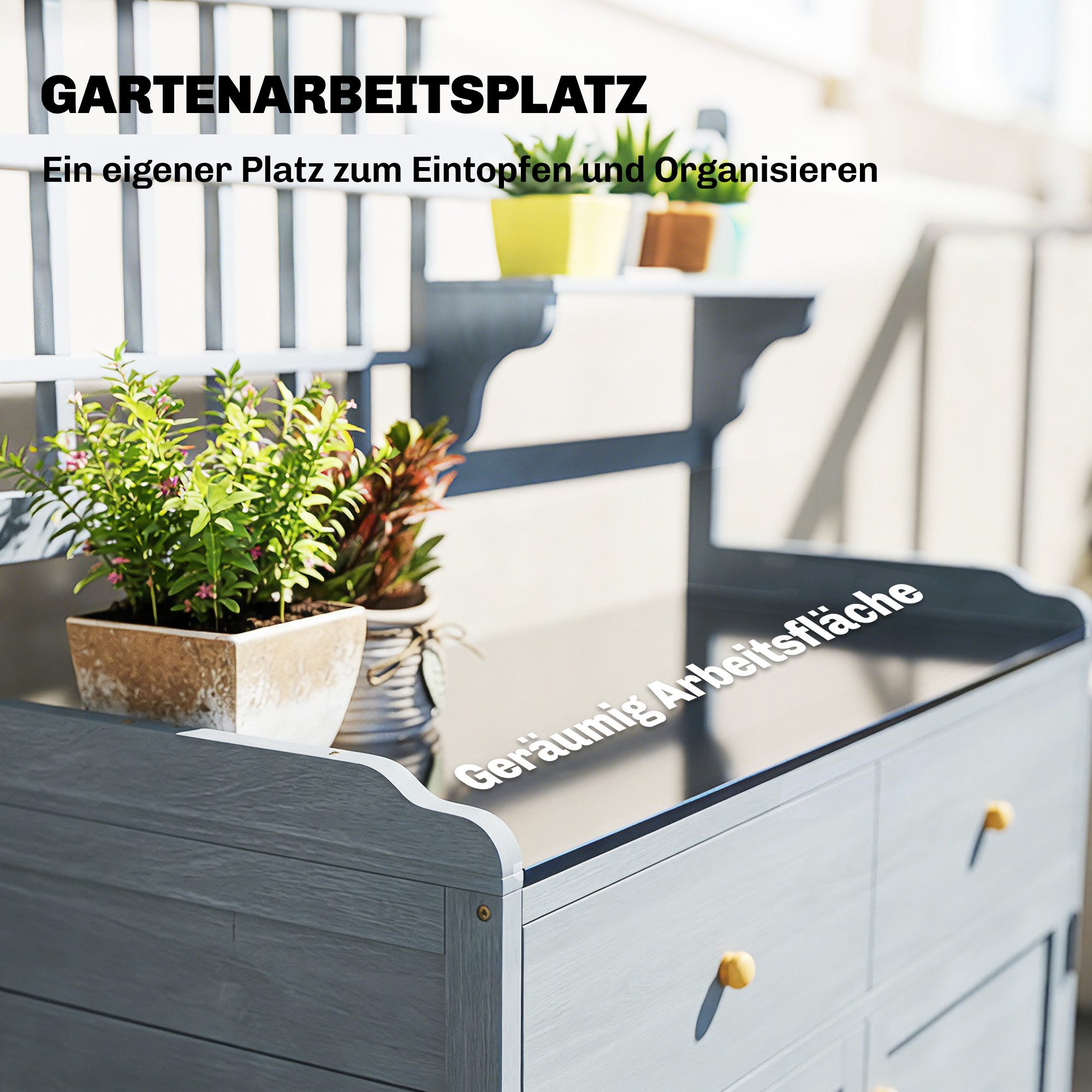 Outsunny Pflanztisch Holz Geräteschrank mit Unterschrank verzinkter Arbeitsplatte (Gärtnertisch, 1-St., Outdoor Gartenschrank), für Garten Balkon Terrasse 104x4 – Bild 4 von 5