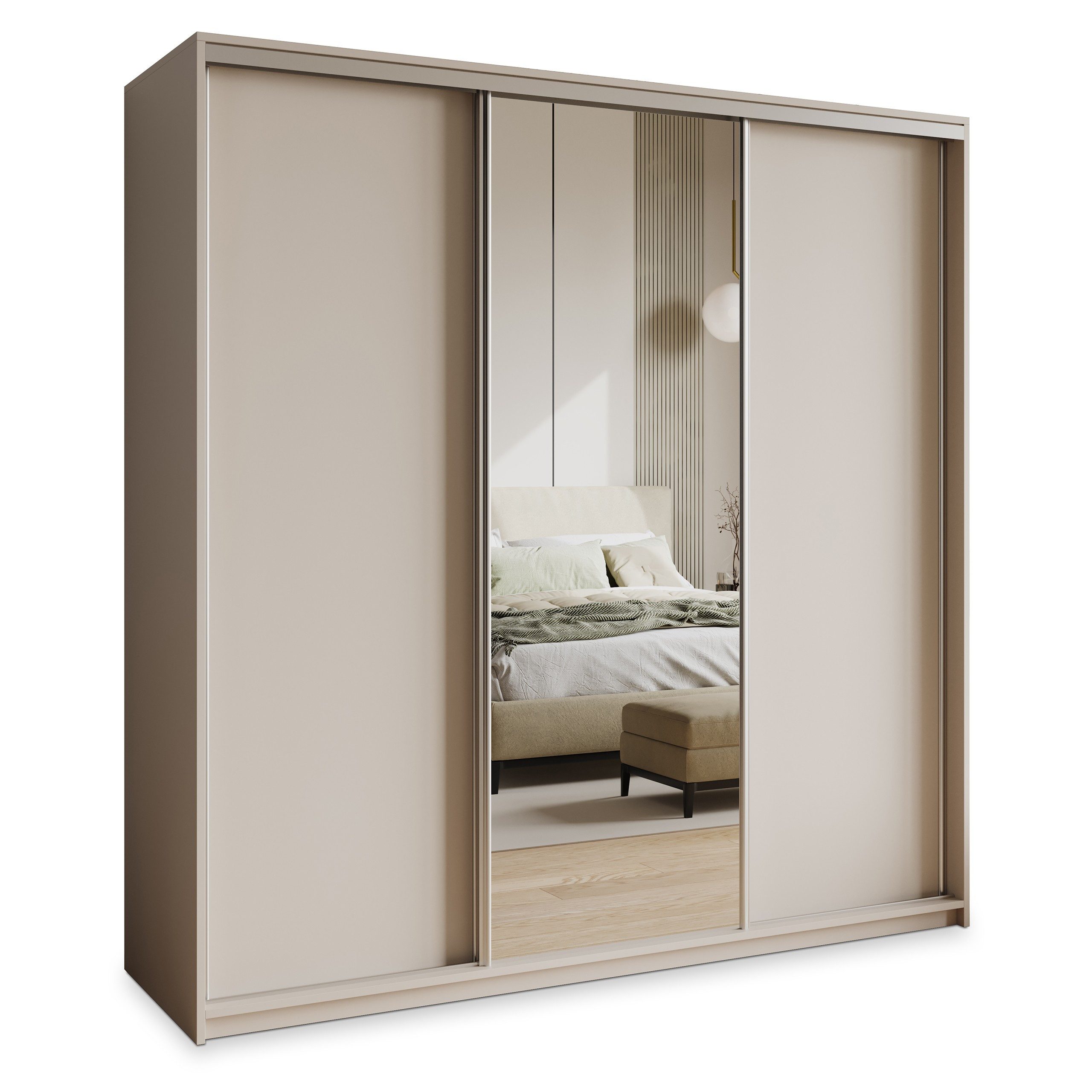 Masseno Schwebetürenschrank TAVI 200 cm Kleiderschrank mit Spiegel 3 Türen Kaschmir