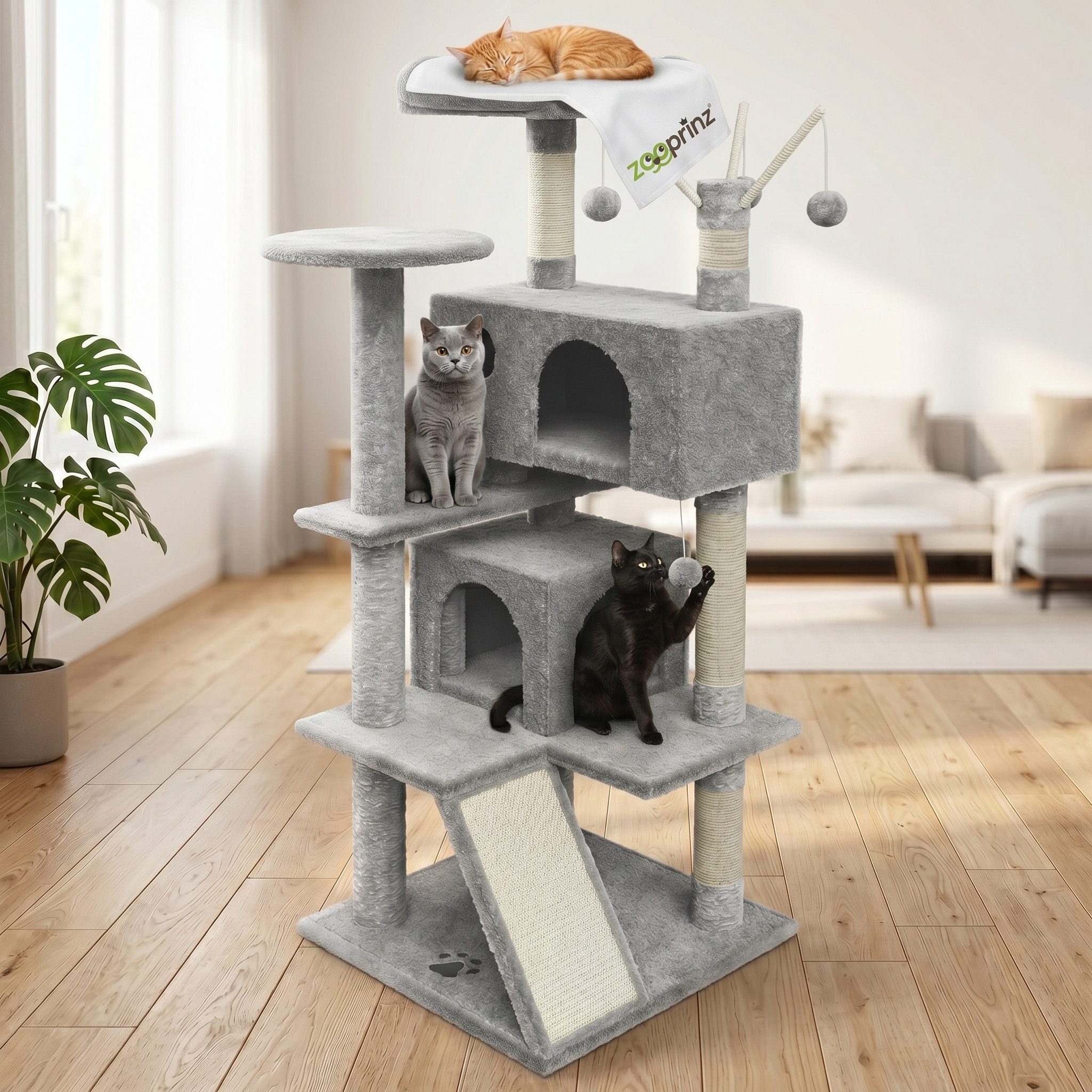 Zooprinz Kratzbaum Kitty XXL inklusive Plüschmaus, 3 Spielbälle, Strapazierfähig, 2 Höhlen, Sisalstämme