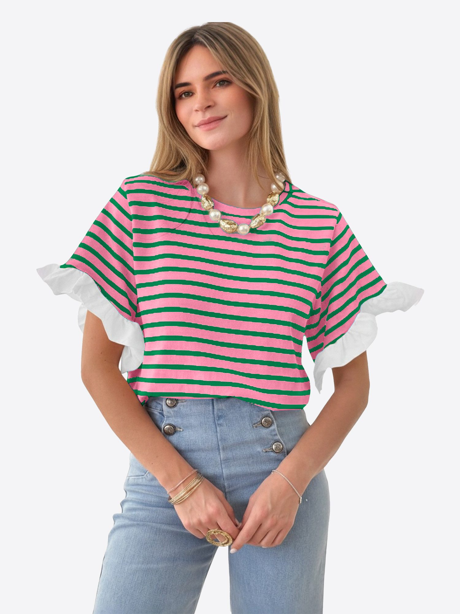 Imily Bela T-Shirt Damen Kurzarm Streifenmuster und Rüschenärmeln Casual Ba günstig online kaufen