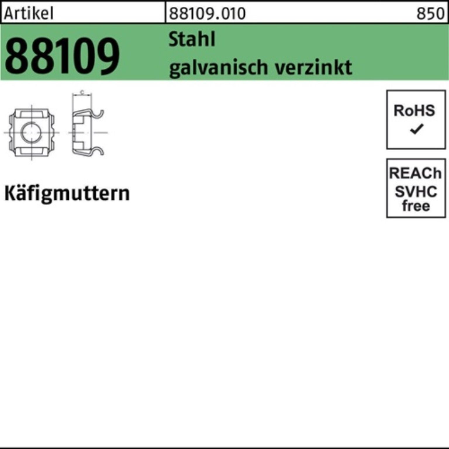 Reyher Käfigmutter 1000er Pack Käfigmutter R 88109 M8 - 8 /12,5 Stahl galv.verz. 1000 St