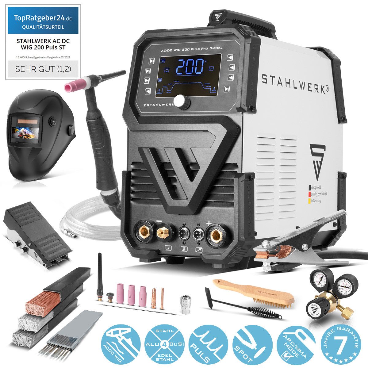STAHLWERK Schutzgasschweißgerät Schutzgas-Schweißgerät AC/DC WIG 200 Puls Pro, 5 - 200 A, Packung, 1-tlg., Vollausstattung, IGBT Inverter mit 200 A