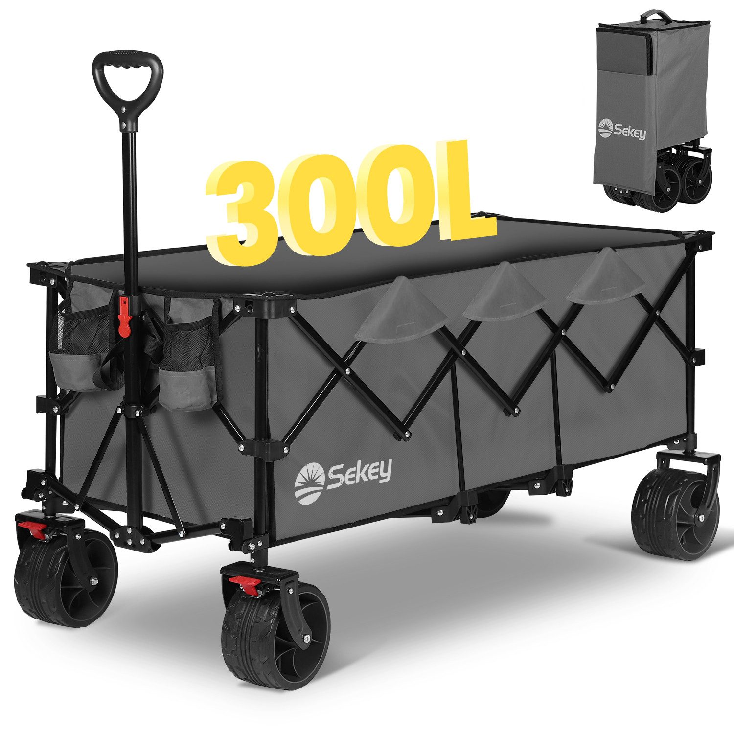 Sekey Bollerwagen Faltbar Handwagen Klappbar Transportwagen XXXL Superlang, 300L, 200KG, Alle-Terrain Reifen, Ultrakompakt Faltbar & mit Bremsen
