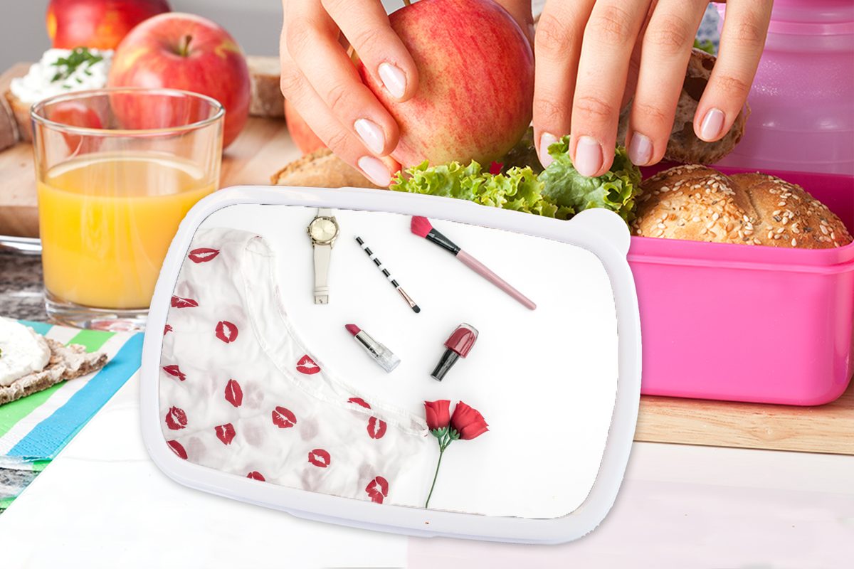 MuchoWow Lunchbox Make-up mit einer Brotdose für Uhr, Kunststoff Mädchen, (2-tlg), Kinder, Snackbox, rosa Kunststoff, Erwachsene, Brotbox