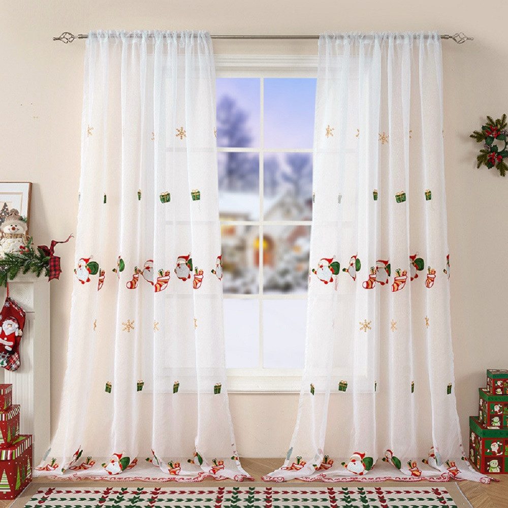FOUORTUNATE-BEE Vorhang Weihnachtsvorhänge 2er-Set 130×245 cm mit gesticktem Deko-Motiv, Transparente Weihnachtsvorhänge mit Baum- und Santa-Stickerei