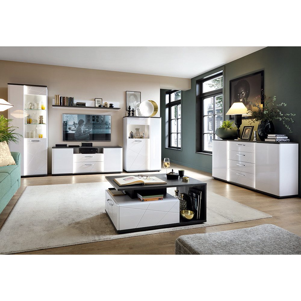 Lomadox Wohnzimmer-Set VISALIA-129, (Mega-Spar-Set, 6-St., 6-tlg), inkl. Beleuchtung, in weiß Hochglanz mit Eiche schwarz