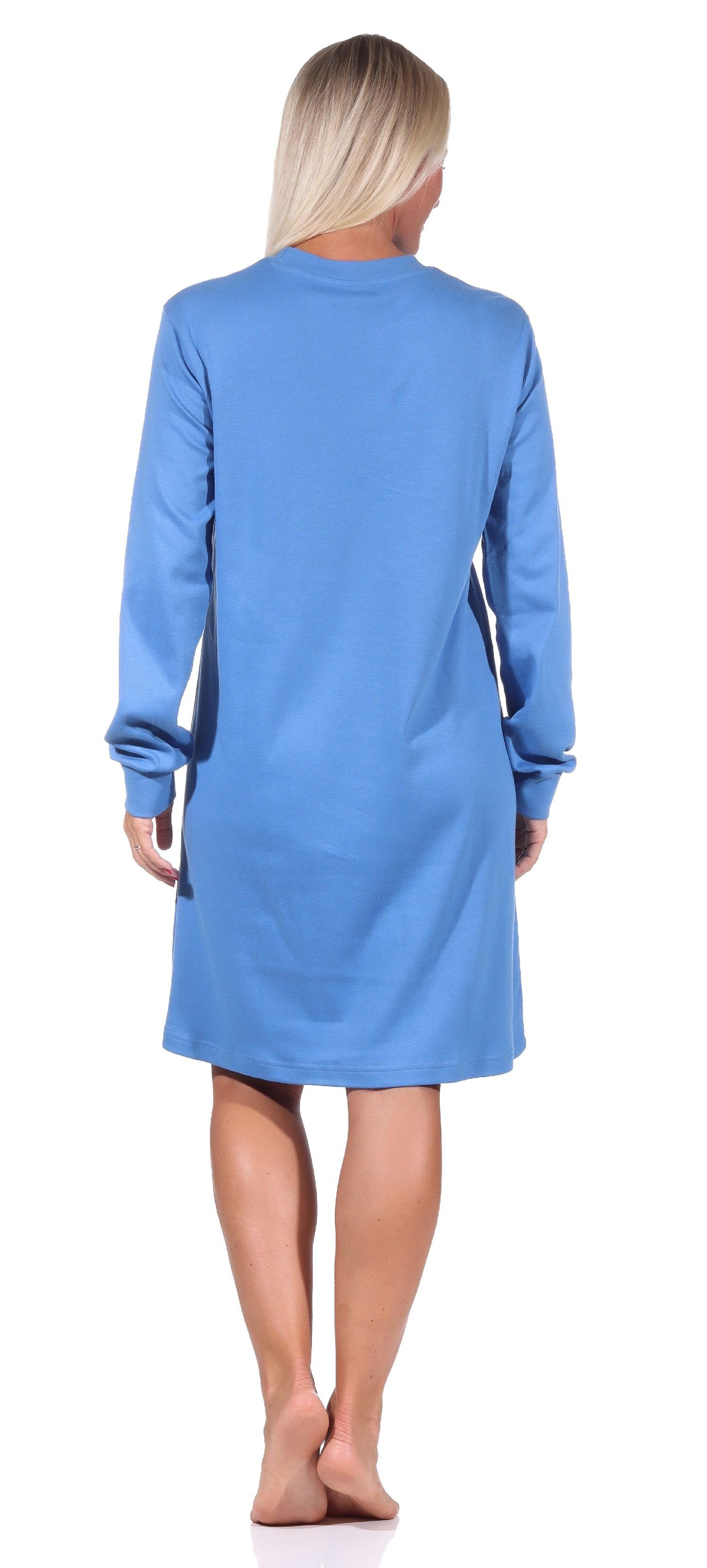 Kuschel Nachthemd blau Normann Nachthemd Bündchen Sterne + mit langarm Damen Motiv Interlock