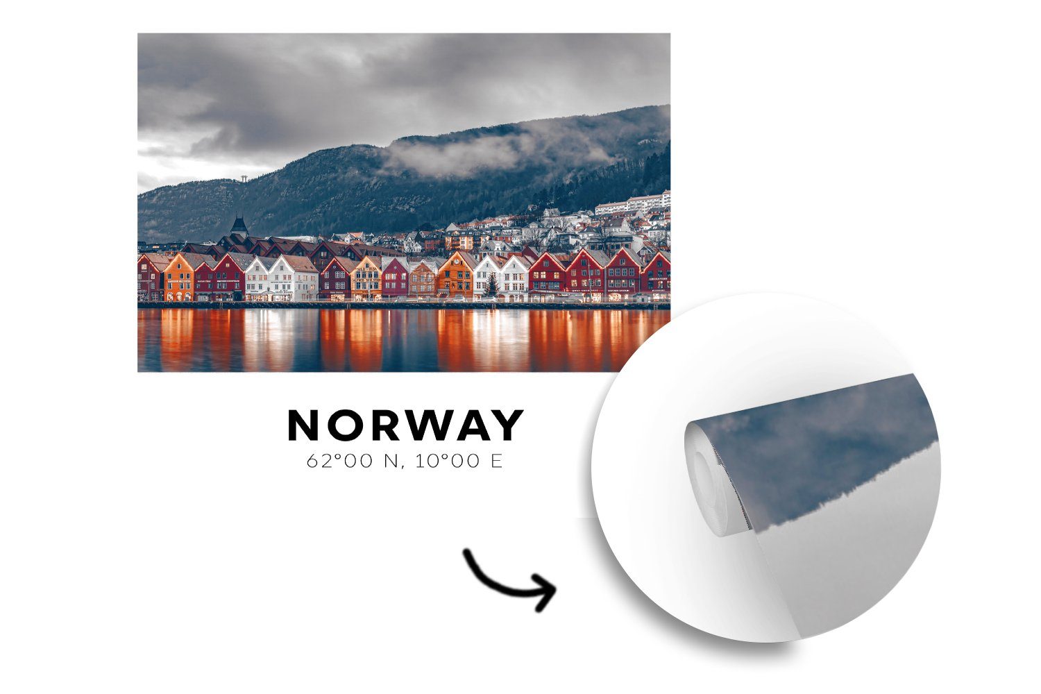 Vinyl - Tapete - bedruckt, Skandinavien, Wohnzimmer (5 für Matt, Schlafzimmer, oder Bergen MuchoWow Fototapete Norwegen Wandtapete St),