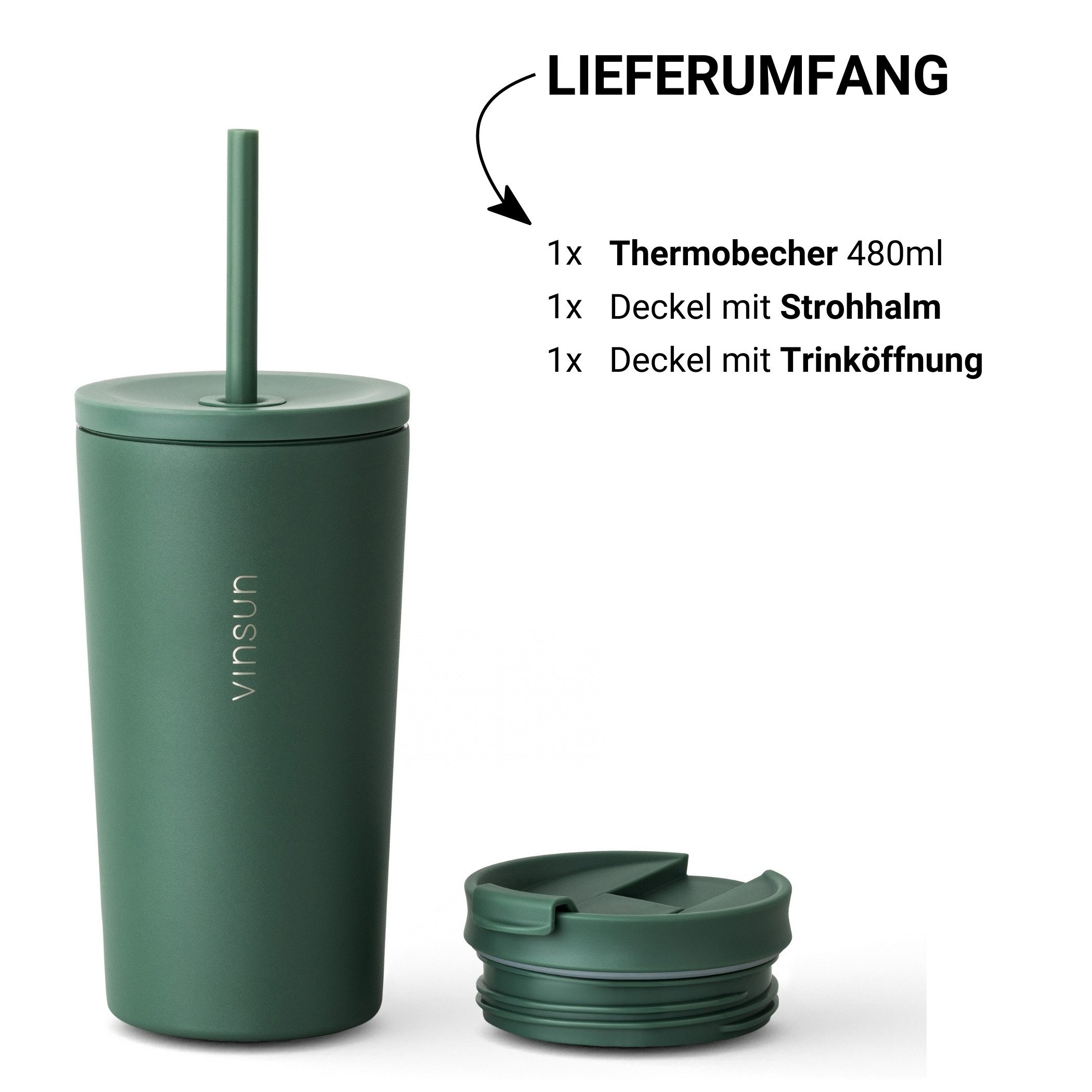Vinsun Thermobecher Edelstahl Becher mit Strohhalm 480ml - Isolierbecher auslaufsicher, 4-tlg., Edelstahl, Doppelwandig isoliert, BPA frei, bruchfest, Kalt- und – Bild 4 von 5