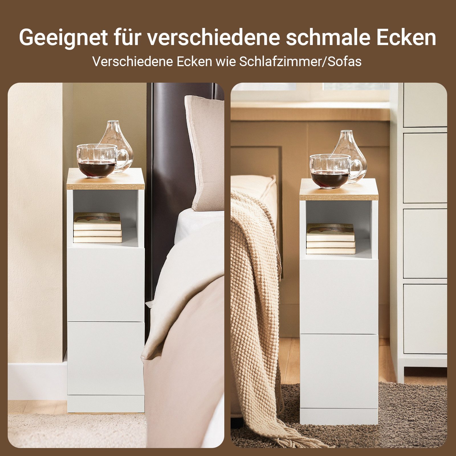 SoBuy Nachttisch FBT149, Nachtschrank mit 2 Schubladen und Ablage, 1/2er set, Beistelltisch Nachttisch schmal Sofatisch Nachtkommode Schlafzimmer
