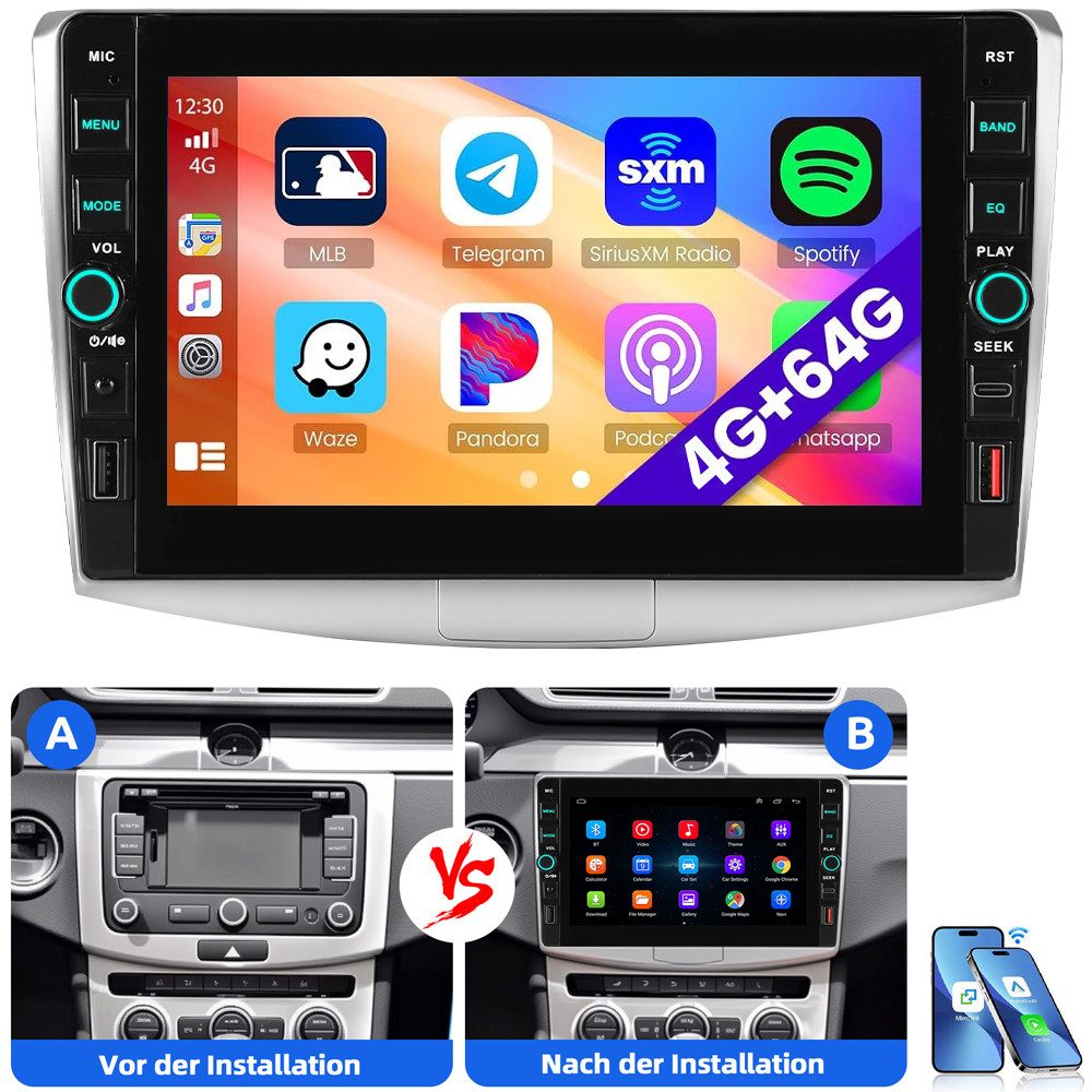ESSGOO 9" Für VW Passat B7 CC Magotan 2011-2015 Android 15 Carplay FM RDS GPS Navigationsgerät (Carplay Android Auto Bluetooth FM AM RDS WIFI GPS Navigationsgerät)