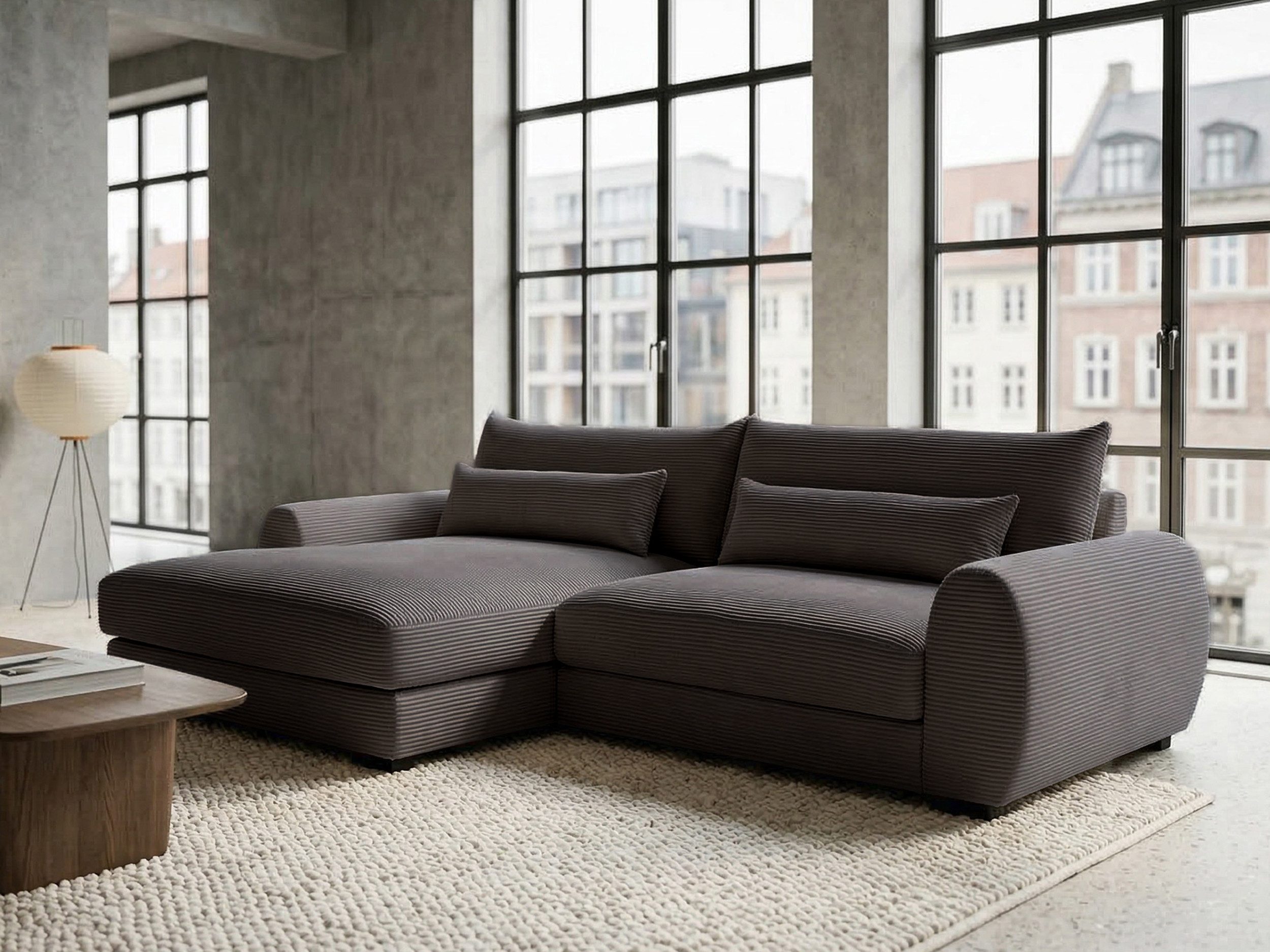 Massivart® Ecksofa Cord 265 x 180 cm / Nosagunterfederung / Cordsofa »MARK«, inkl. Kissen-Set · frei im Raum stellbar