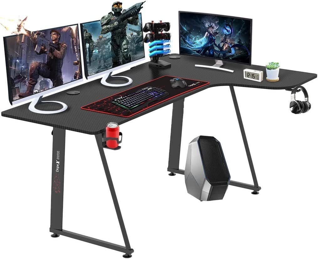 LETGOSPT Gamingtisch Gaming Schreibtisch mit LED, PC Tisch Gaming mit  Kohlefaser Oberfläche, Stabiler Computertisch für Gaming mit Kopfhörerhake  und Getränkehalter