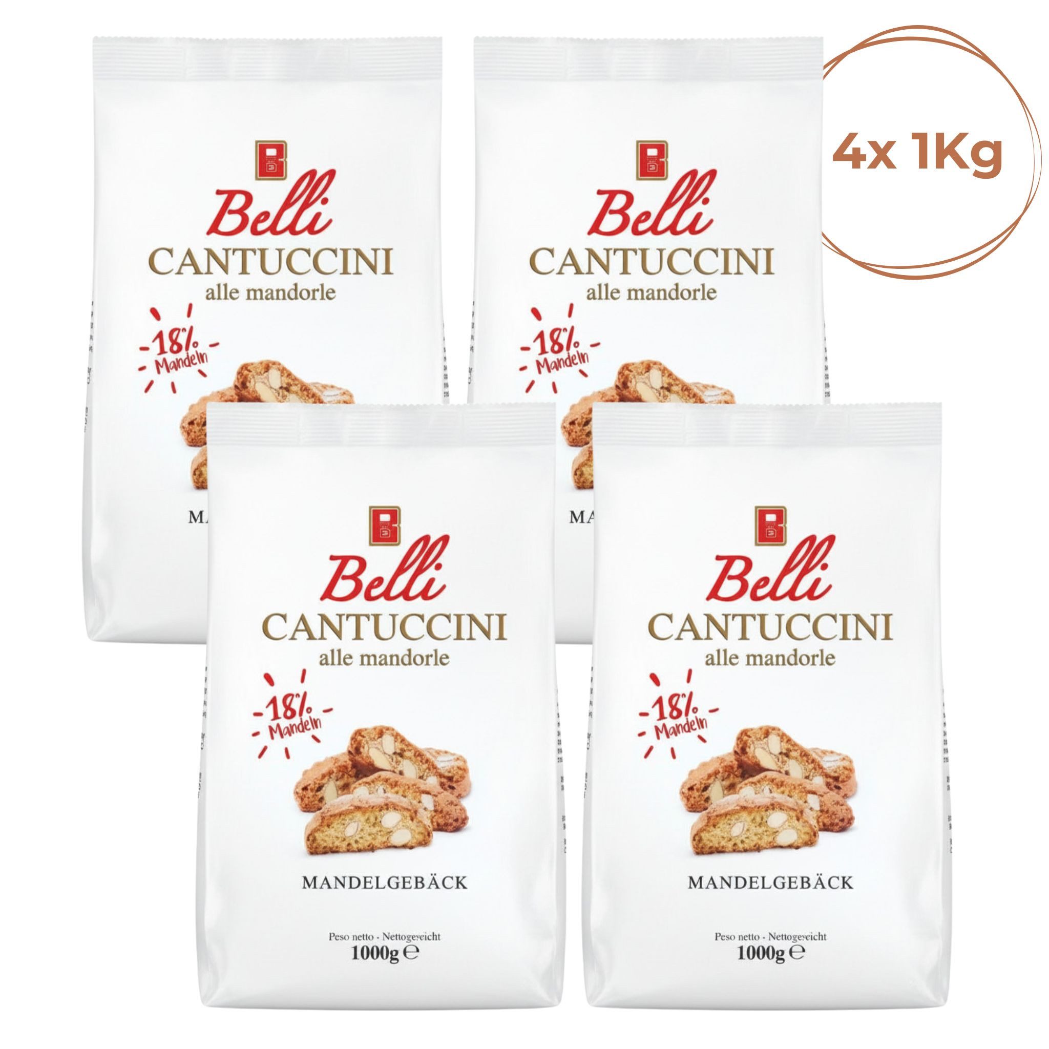 Belli Cantuccini Kekse Belli Cantuccini Mandelgebäck 4x1000g, 4 x 1000 g, (4x 1Kg Großverpackung, mit 18% Mandelanteil, doppelt gebacken, italienische Tradition)