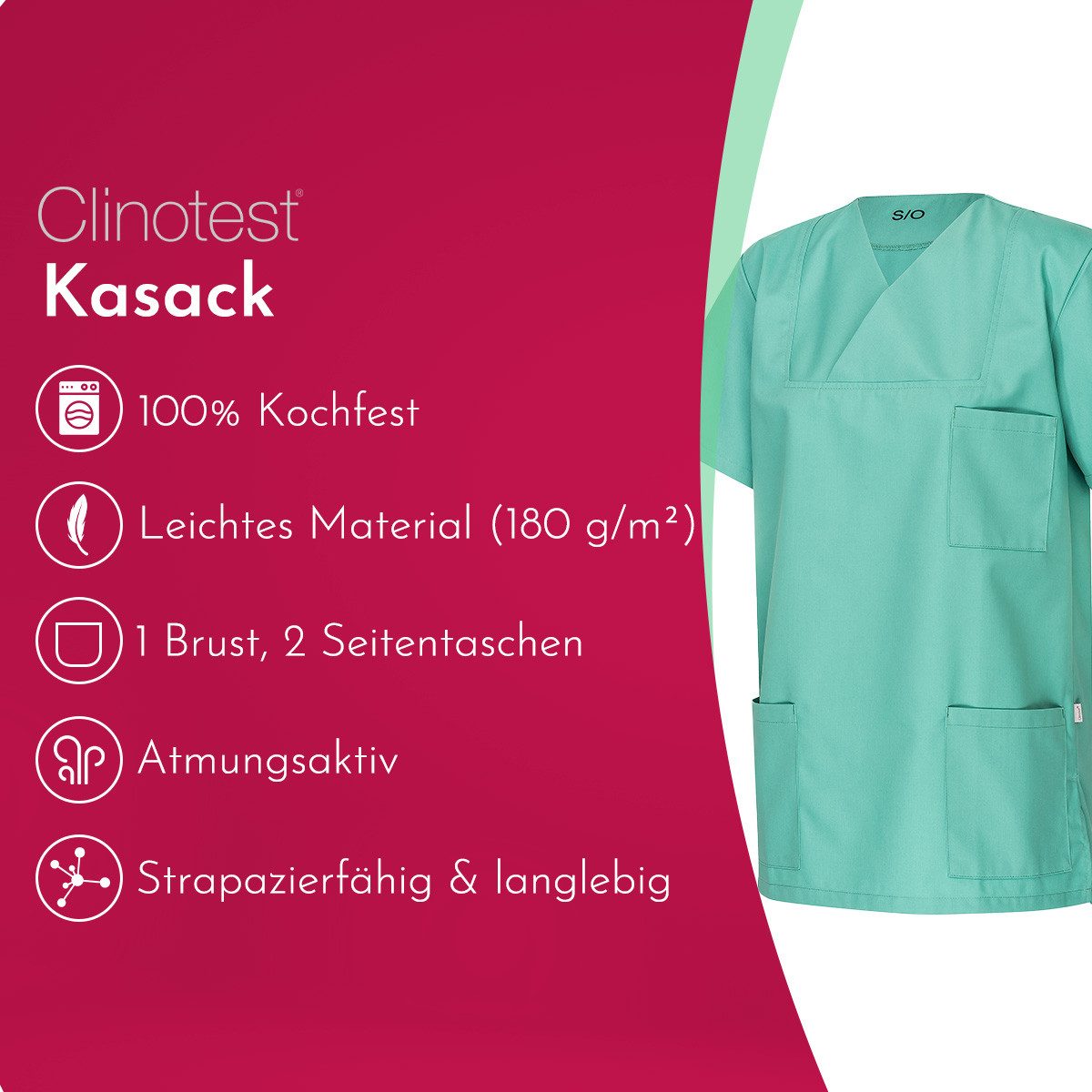 Clinotest Funktionsbluse Kasack Damen & Herren - 95 Grad waschbare, kochfest ohne einzulaufen (1-tlg) Schlupfkasack aus Baumwolle & Polyester - Berufsbekleidung für Pflege