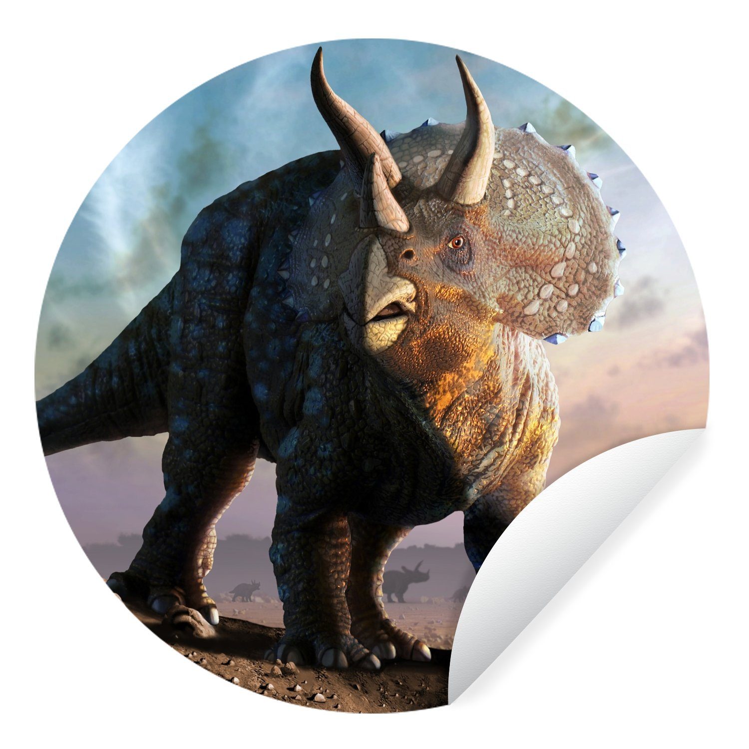 MuchoWow Wandsticker Dino - Geschichte - Triceratops - Kinder - Kinder - Kleiner Junge (1 St), Tapetenkreis für Kinderzimmer, Tapetenaufkleber, Rund, Wohnzimmer