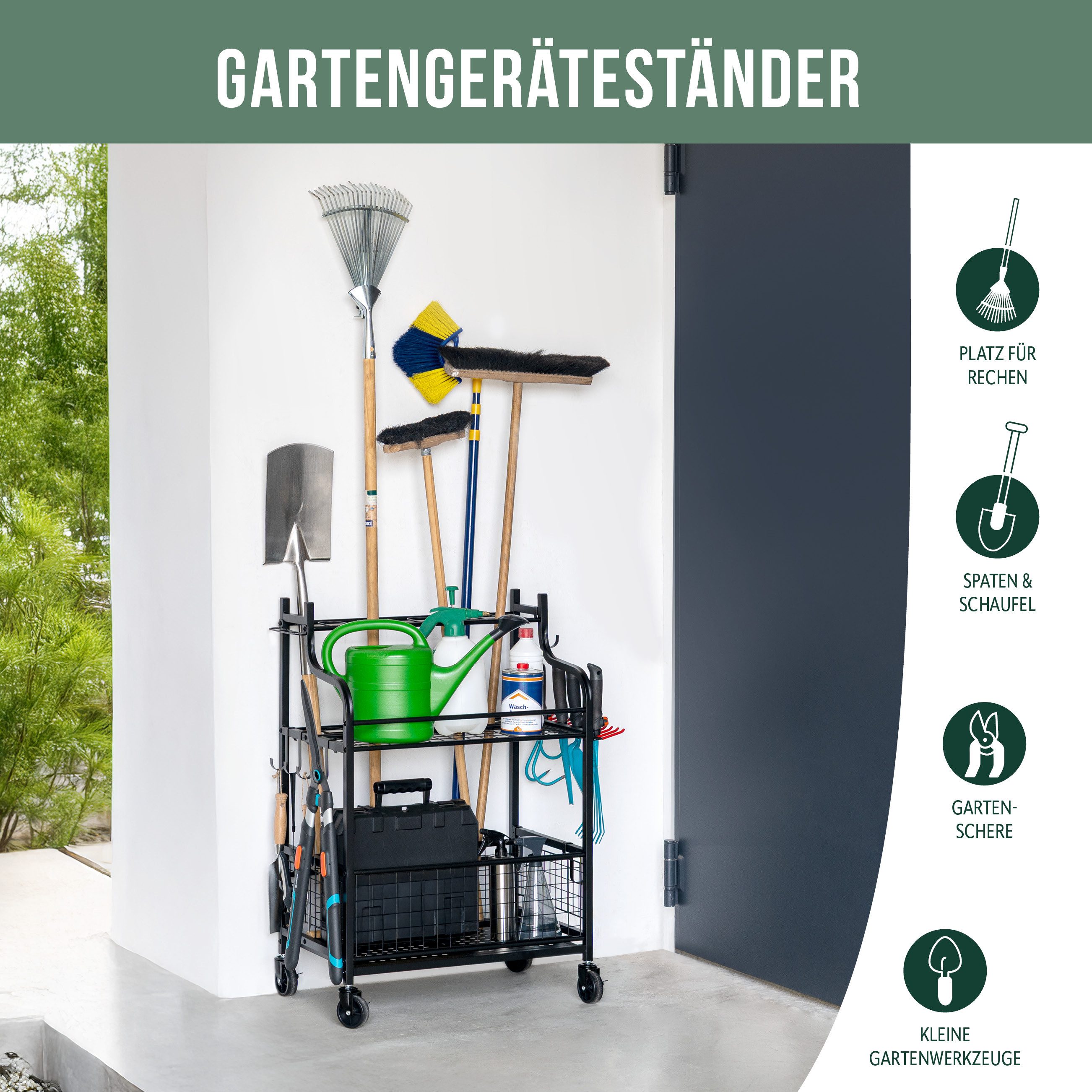 eluno Gartengerätehalter mit Ablagen und Körben, Stahl schwarz günstig online kaufen