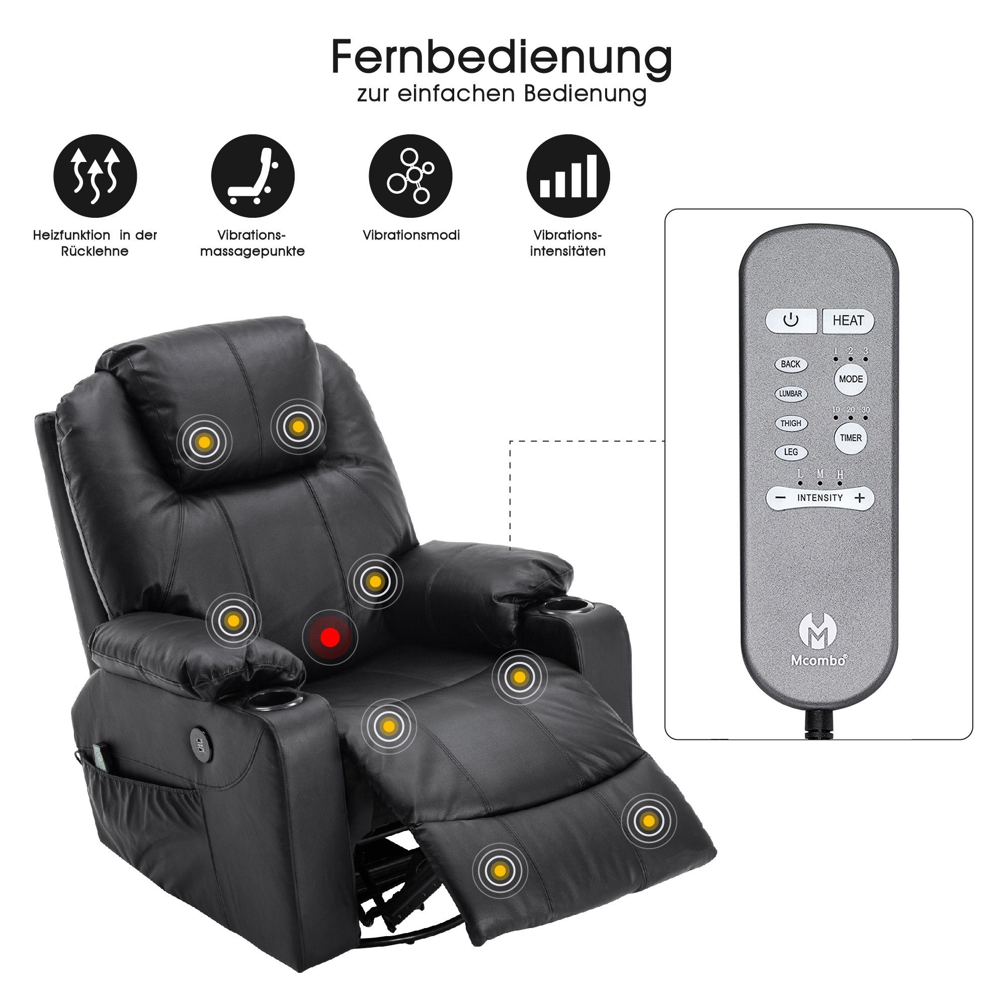 MCombo Relaxsessel MCombo Leder Massagesessel Relaxsessel 7050, manuell, mit Heizung, 360° drehbar und schwenkbar, Leder, Schwarz – Bild 5 von 5
