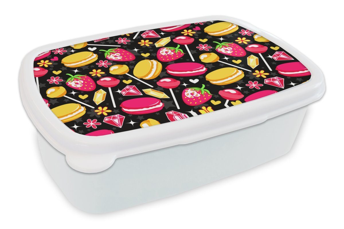 MuchoWow Lunchbox Süßigkeiten - Muster - Erdbeere, Kunststoff, (2-tlg), Brotbox für Kinder und Erwachsene, Brotdose, für Jungs und Mädchen weiß