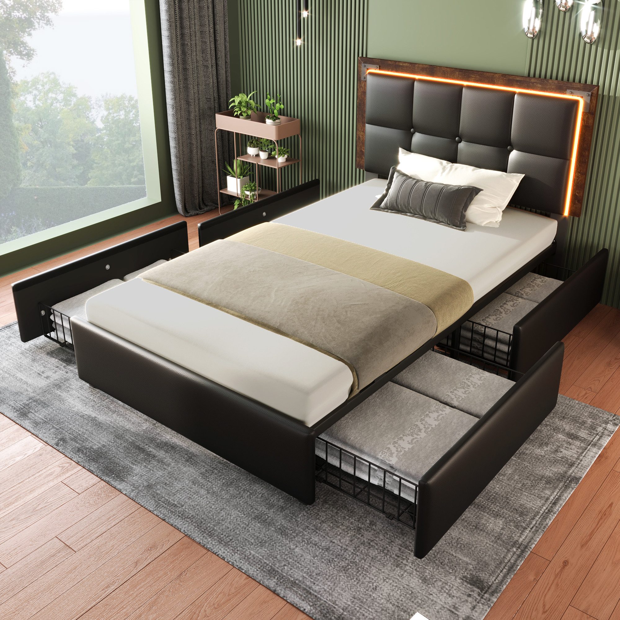Luckice Upholstered Bed Frame with LED Lighting Strip and 4 Drawers (Single Bed Upholstered Bed 90x200cm, Height-Adjustable Headboard, Functional Bed), PU Black