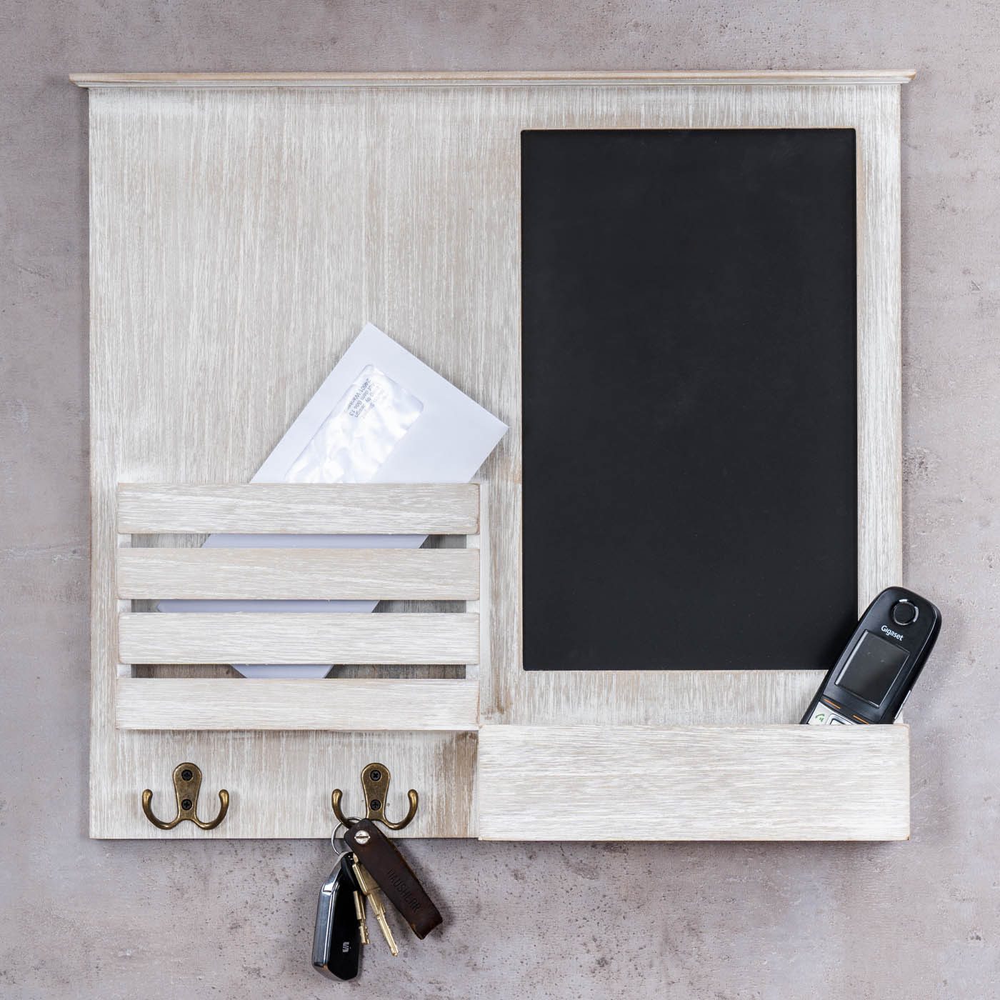 Levandeo® Memoboard, Memoboard 52x47cm Holz Weiß Grau Briefablage 4 Haken Shabby Chic