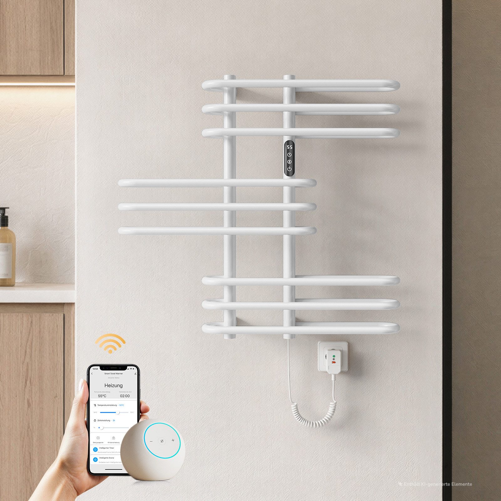 EMKE Elektrischer Badheizkörper Elektrischer Handtuchheizkörper 375 W mit Smart Home, Smart Home, 6 Heizprogramme und flexible Temperatursteuerung