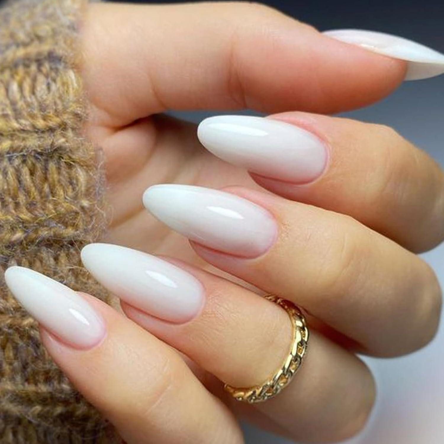 LuxusKollektion Kunstfingernägel Kunstnägel 24 Mandel Stiletto Kurz Weiß Ombre UV Gel allmähliches Weiß