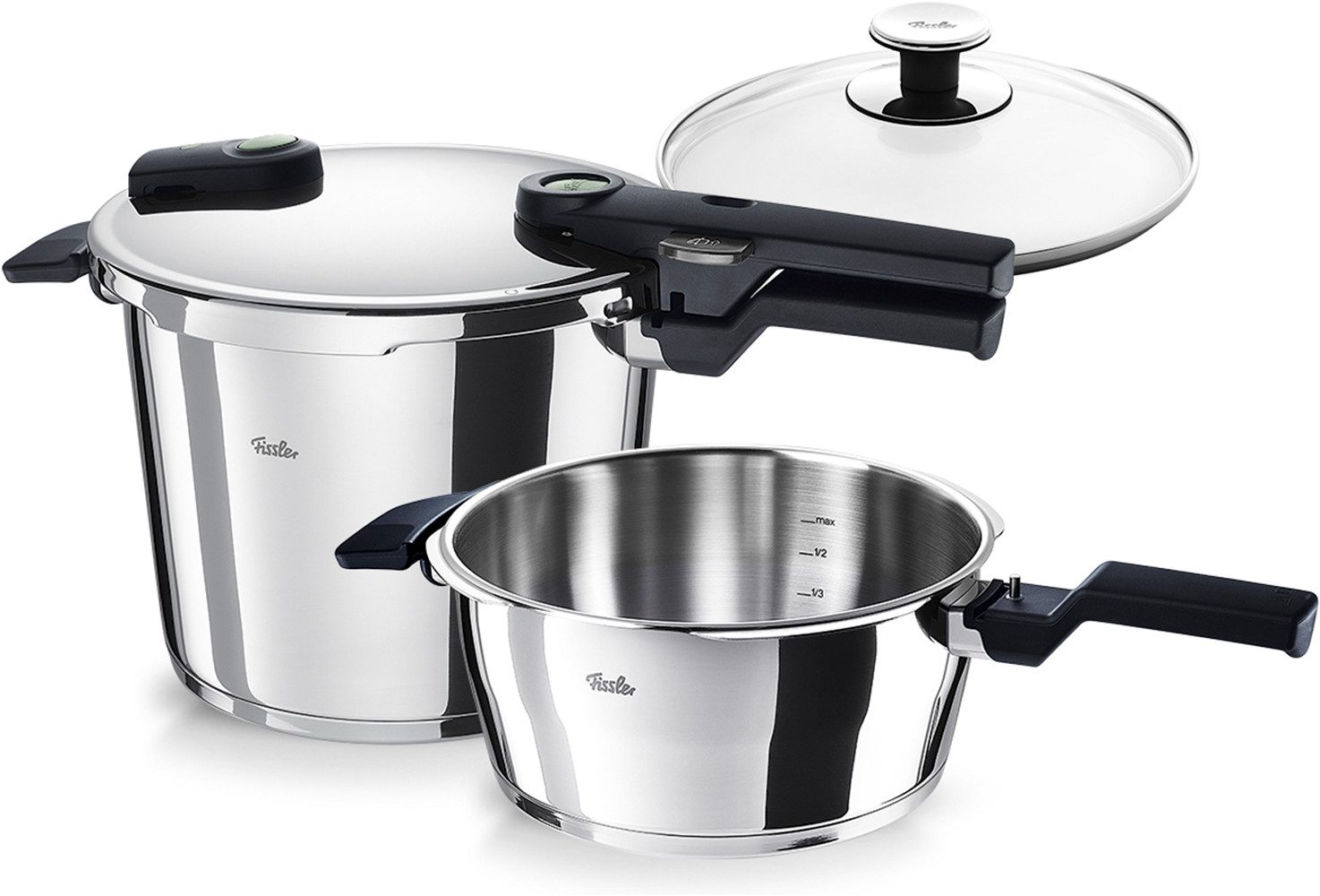 Fissler Schnellkochtopf Vitaquick®Elemental Dampfkochtopf Premium Drucktopf, Edelstahl 18/10 (Set, 4-tlg., 2 Schnellkochtöpfe jeweils mit Glasdeckel), Schnellkochtopf-Set mit 2 Garstufen und Superthermic Boden