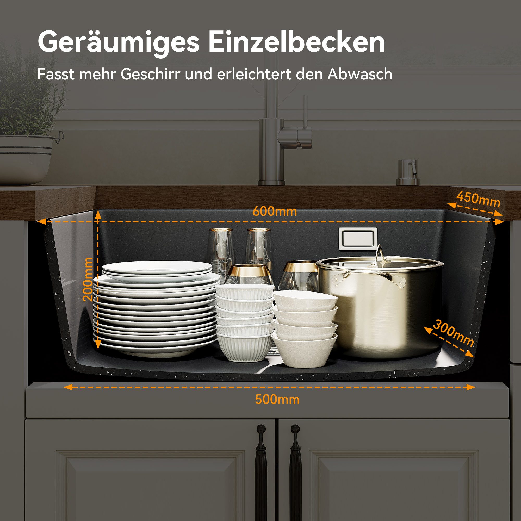 HOROW Granitspüle 60 ×45cm Spülbecken Küchenspüle aus Granit, 60/45 cm, (Schwarz 60 x 45 cm eckige Spülbecken), mit Siphon Ab- und Überlaufgarnitur – Bild 3 von 5