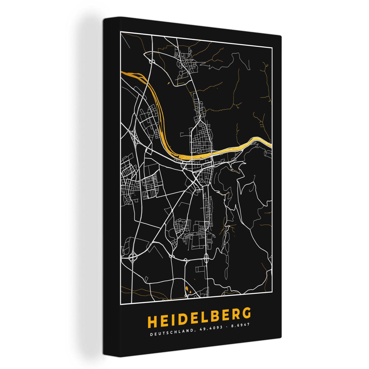 OneMillionCanvasses® Leinwandbild Heidelberg - Deutschland - Gold - Stadtplan - Karte, (1 St), Leinwandbild fertig bespannt inkl. Zackenaufhänger, Gemälde, 20x30 cm