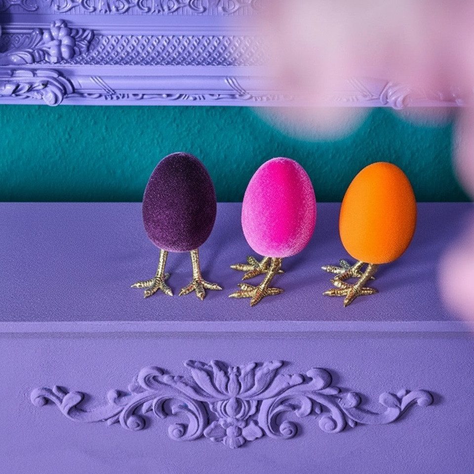 Macosa Home Osterei Dekoeier auf Füßen 2er Set Orange, Pink oder Lila Gold (Kunststoff beflockt Osterdekoration, 2 St., Tischdeko Dekofigur Ostern), 12 cm Ei Osterdeko Osterei Osterdekoration