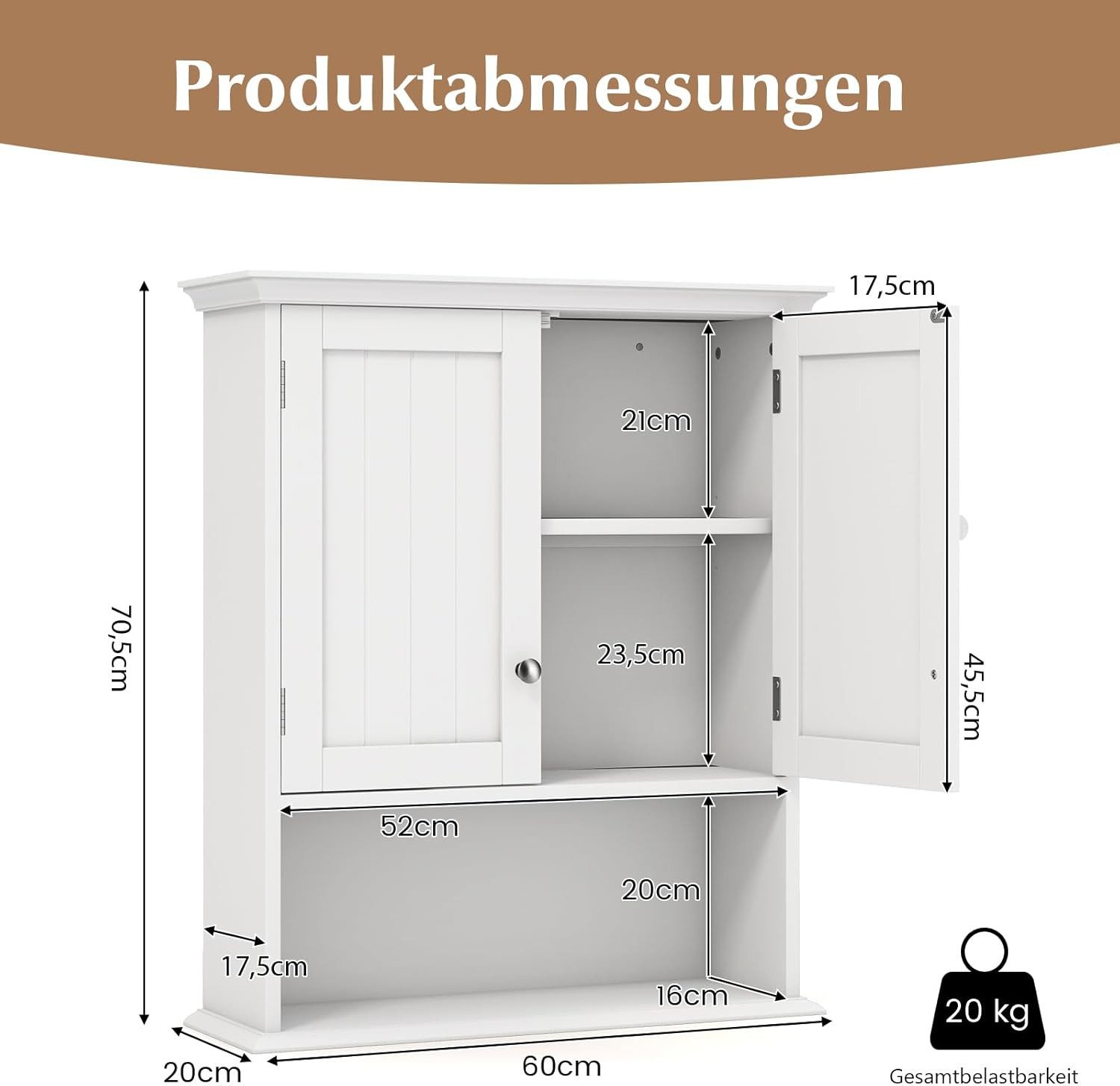 KOMFOTTEU Hängeschrank Badschrank Holz mit verstellbarem Regal,60×19×71cm