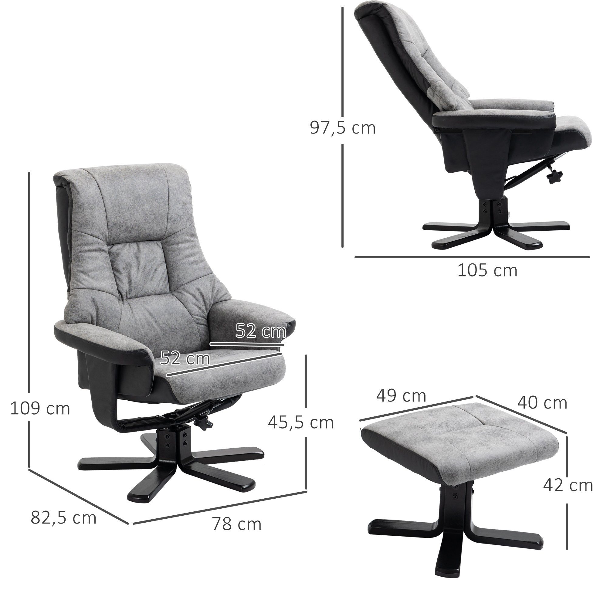 x Mikrofaser Sessel 2-St., 78 109 cm (Polstersessel, Fernsehsessel), Liegefunktion Relaxsessel x mit 82.5 HOMCOM TV Grau,