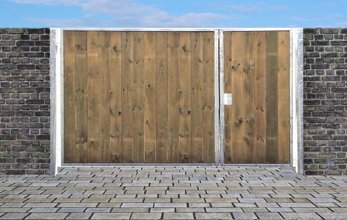 SRM Design Zaundoppeltür Einfahrtstor Sas Tor Verzinkt mit Pfosten & Holzfüllung 2-flügelig 300