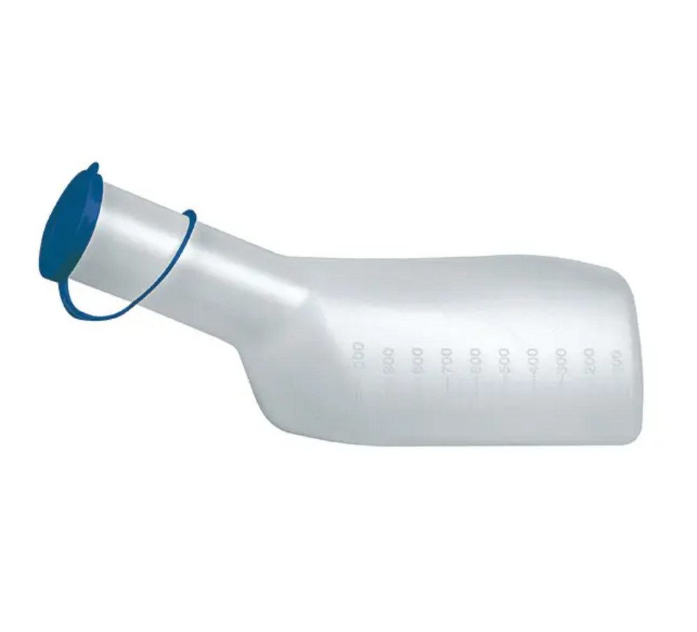 DocMed Urin-Flasche Urinflasche für Männer eckig > sterilisierbar (Volumen von 1000 ml, 1 St., Sterilisierbar, Hygienisch), Graduiert, Blauer Deckel, Privat und Pflege