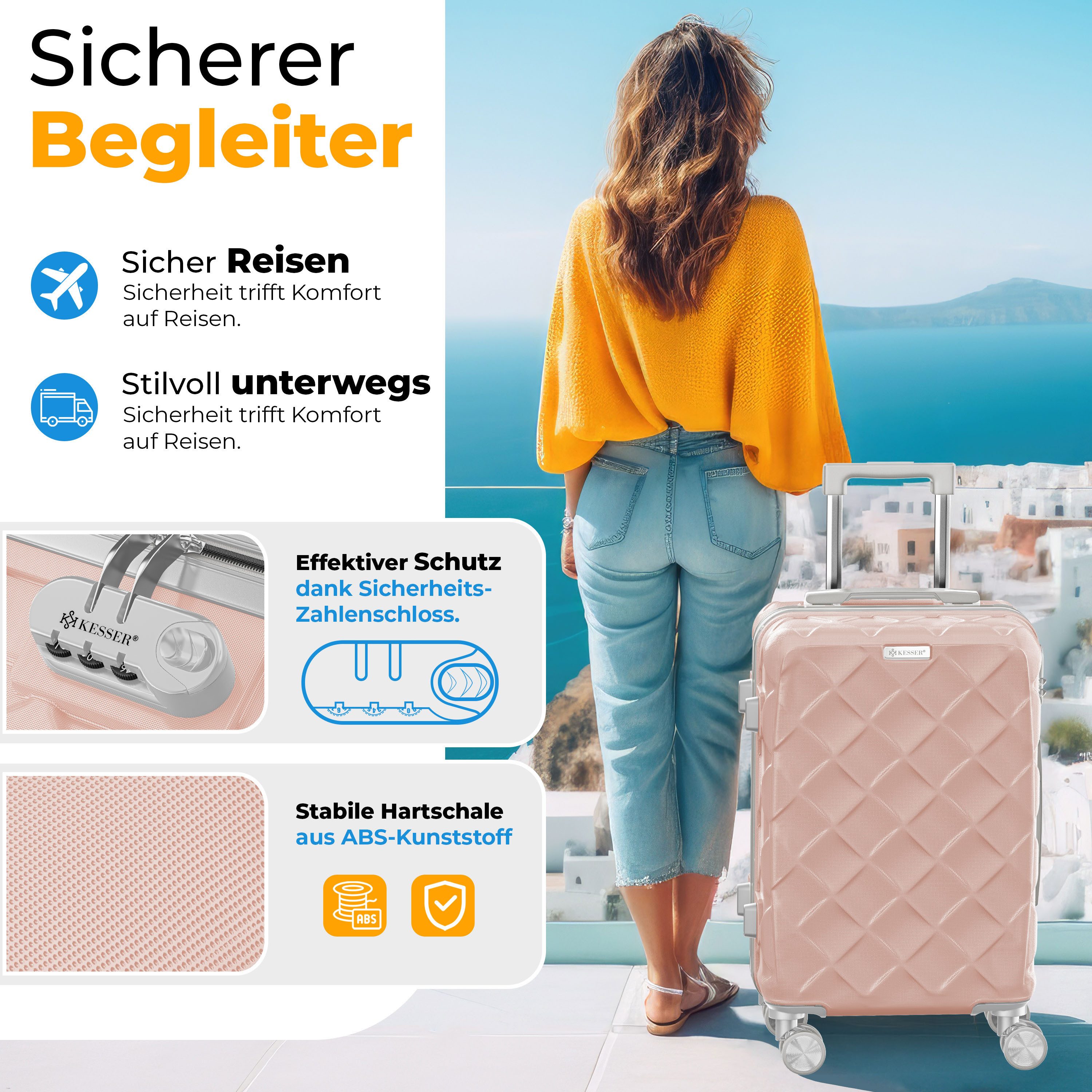 KESSER Hartschalen-Trolley Reisekoffer, 4 Rollen, ABS Hartschalenkoffer mit Zahlenschloss Kofferwaage & Reisebrieftasche