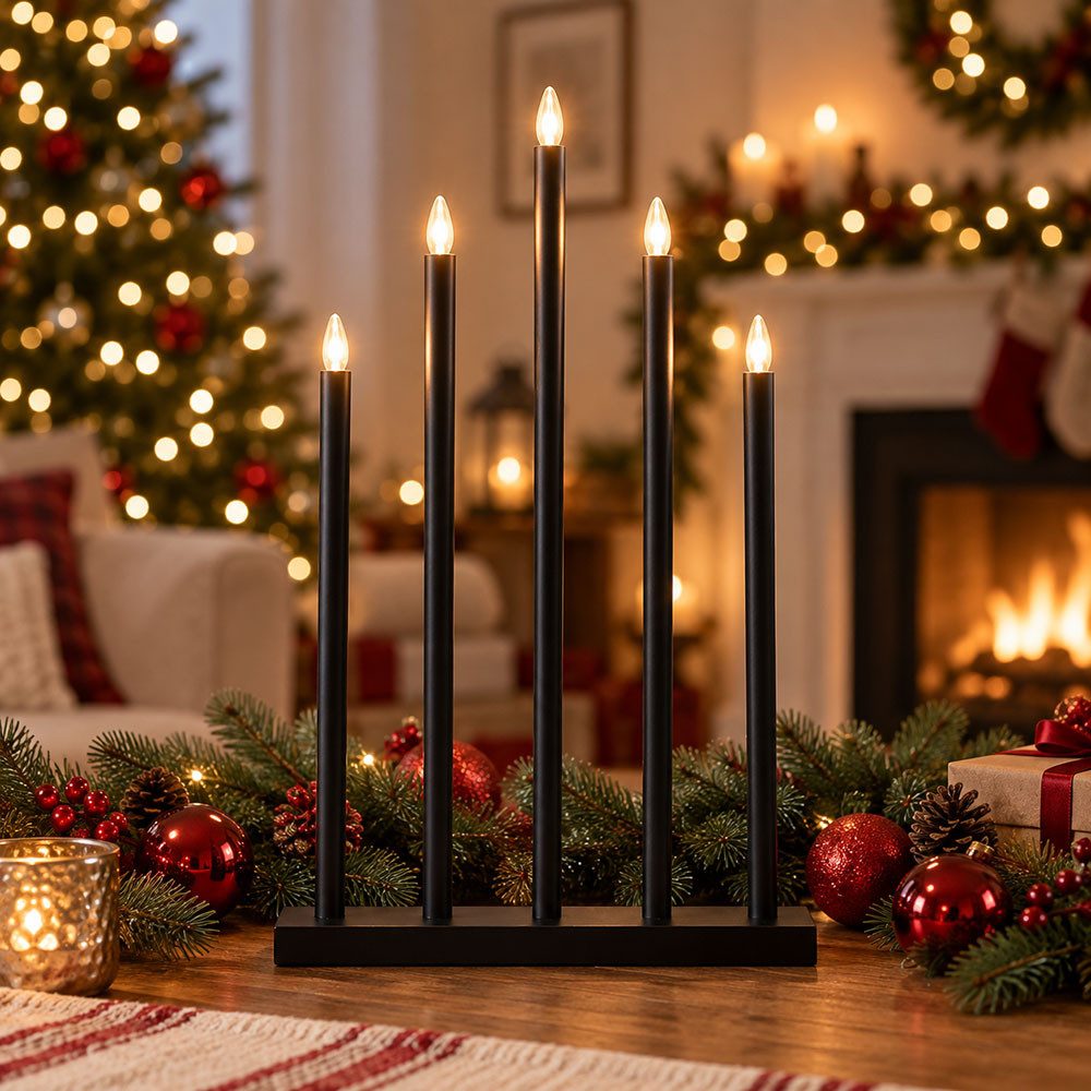 EGLO LED Dekolicht, Leuchtmittel inklusive, Warmweiß, LED Adventsleuchter Deko Weihnachtskerzen Schwarz 5-Flammig H 64 cm