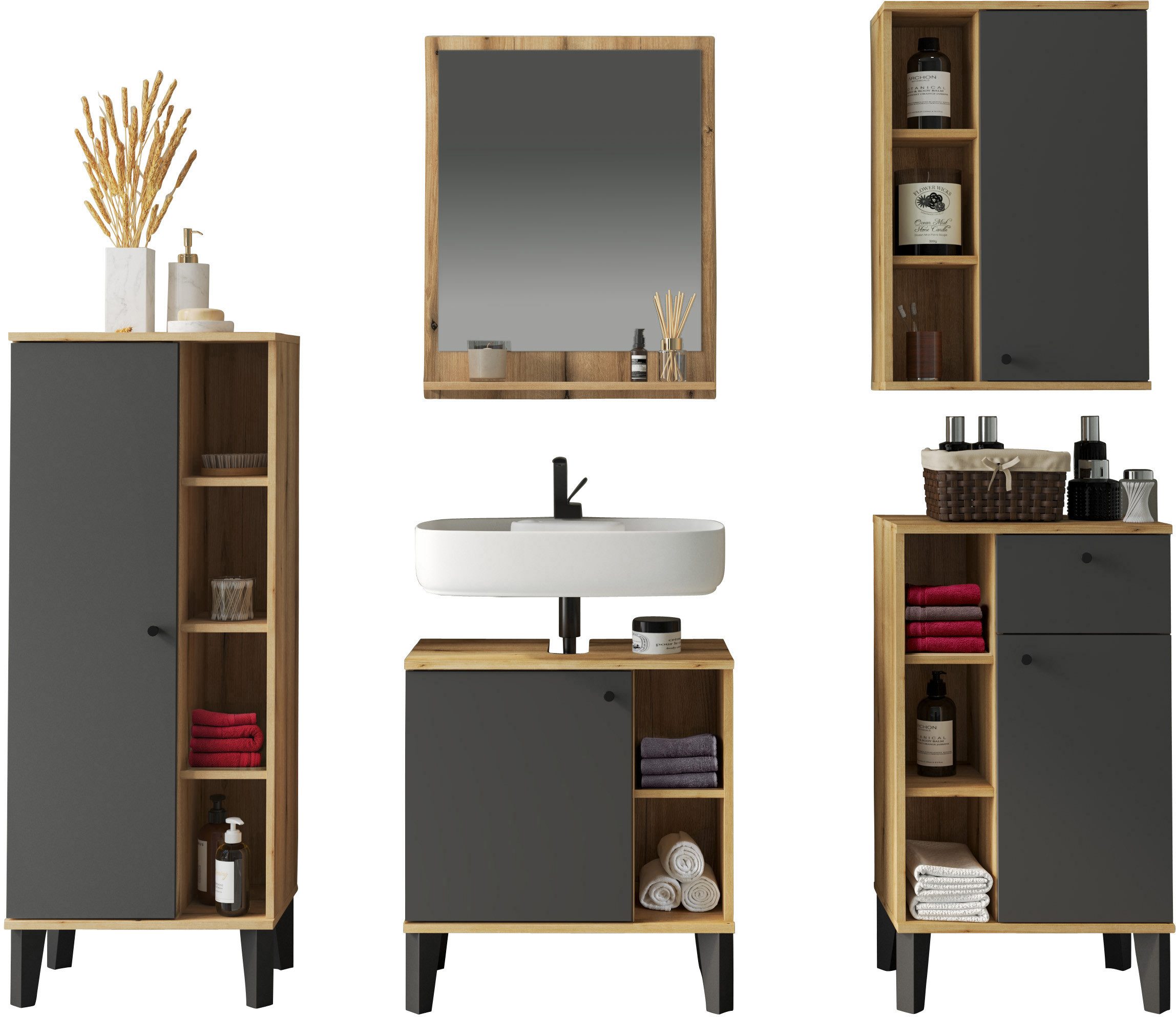 Home affaire Badmöbel-Set OSLO, Bad im skandinavischen Design, 5-teiliges Badezimmer, (Set, 5-St), Badschränke und Spiegel, in zwei Farben verfügbar, viel Stauraum